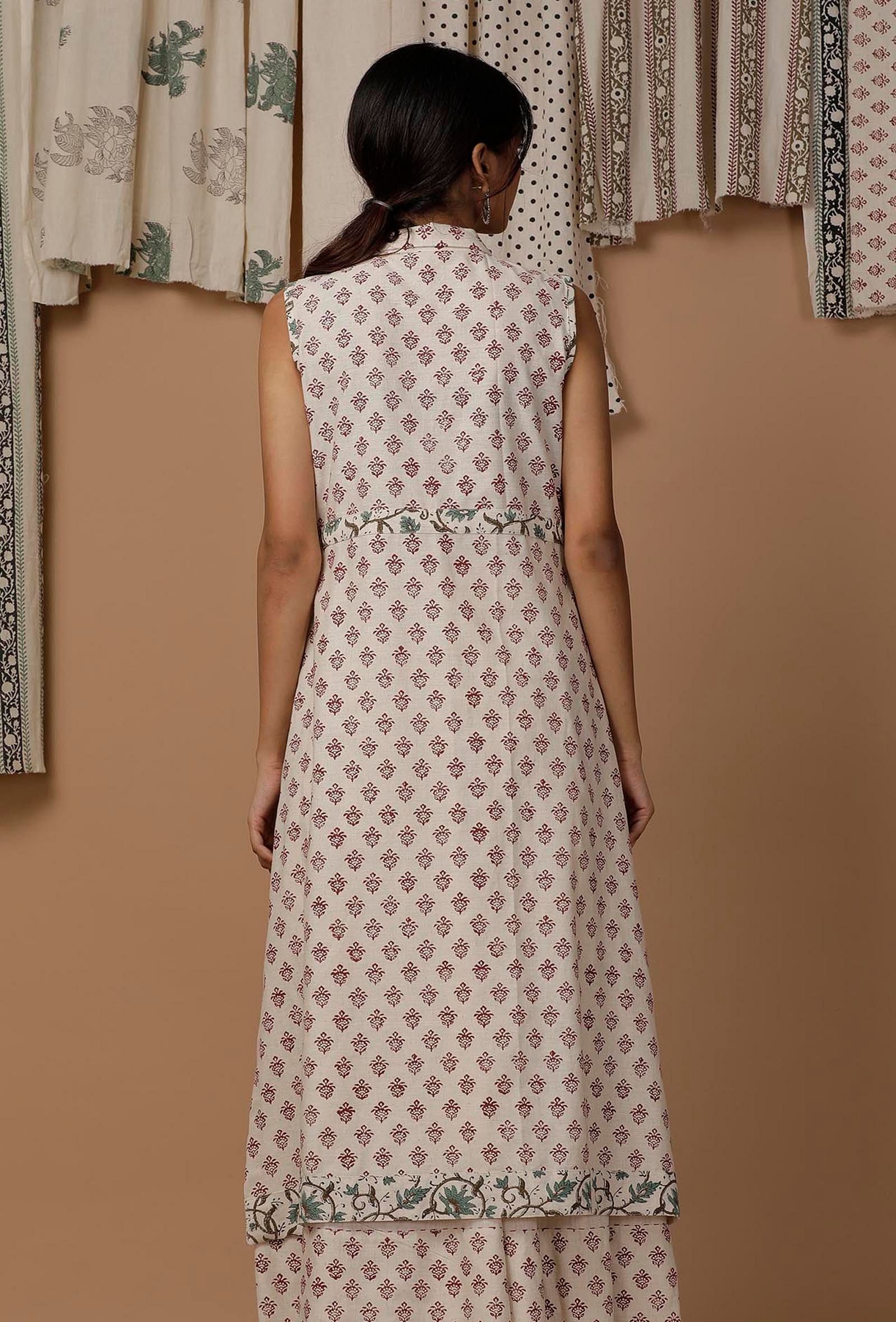 White and Maroon Handblock Cotton Flex Kurta