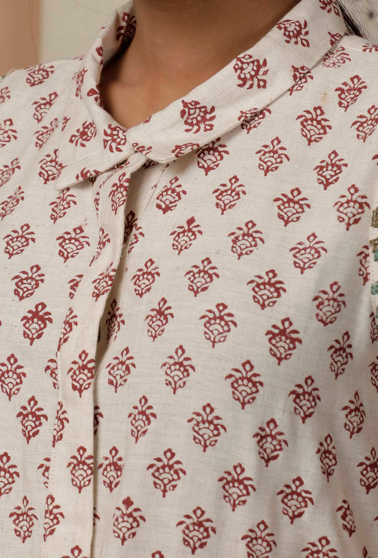 White and Maroon Handblock Cotton Flex Kurta