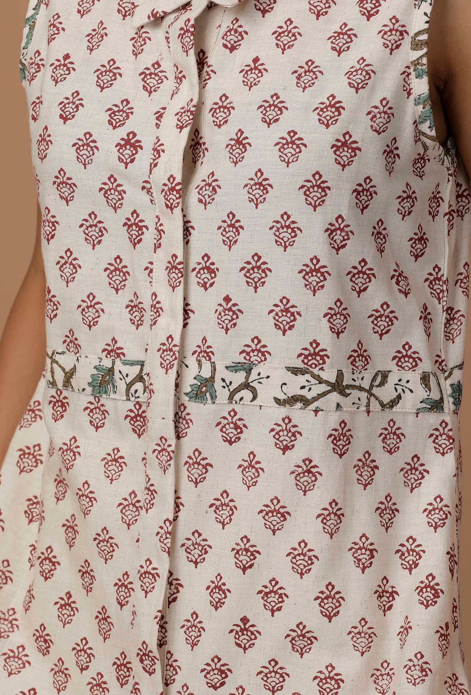 White and Maroon Handblock Cotton Flex Kurta