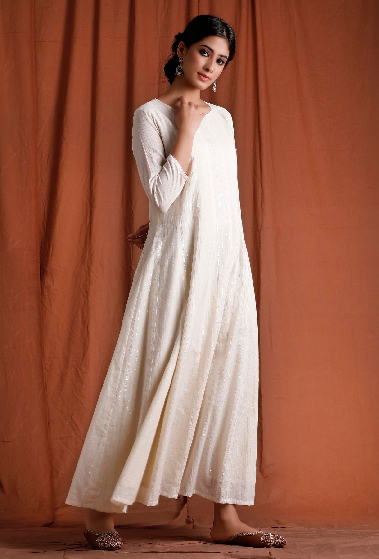 Off White and Silver Kalidar Cotton  Kurta