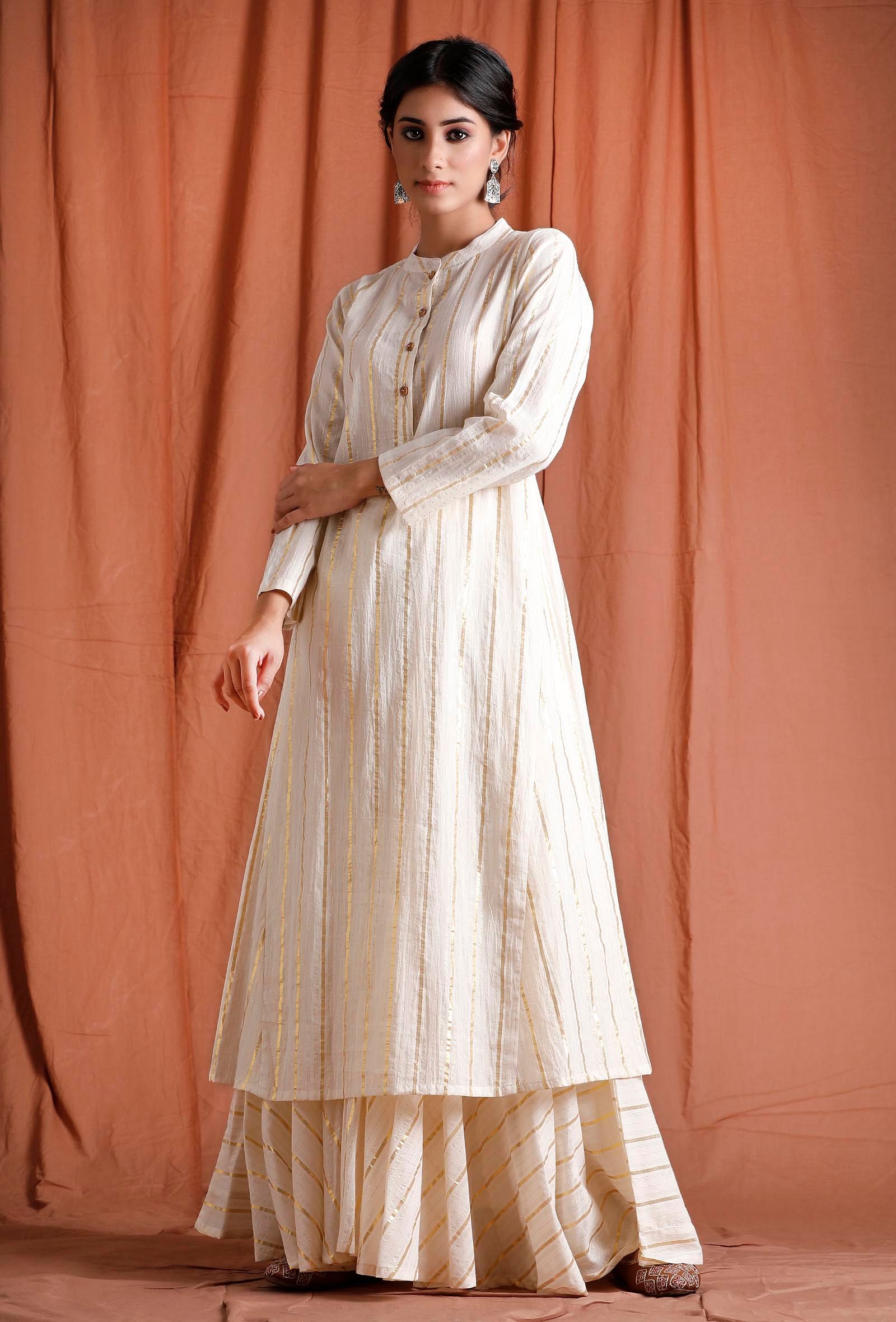 Off White Golden Cotton A-Line  Kurta