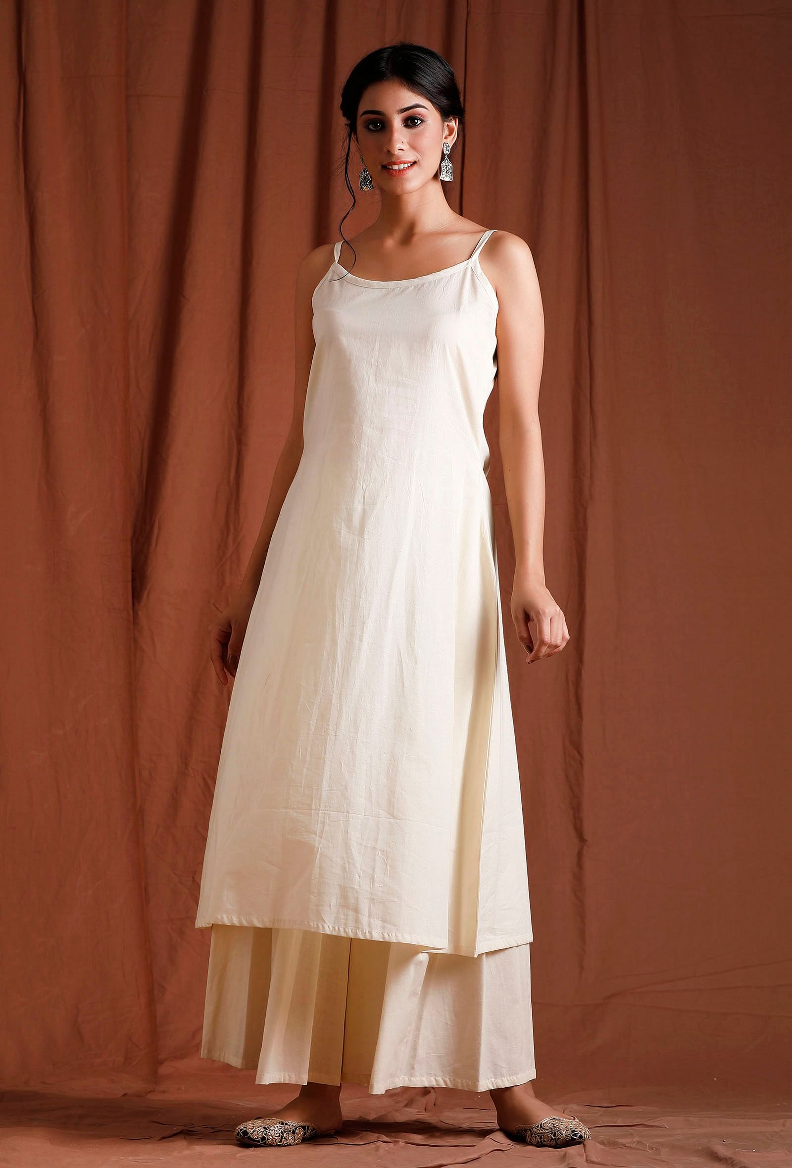 Set of 2: Off White Slip Cotton Kurta with Palazzo