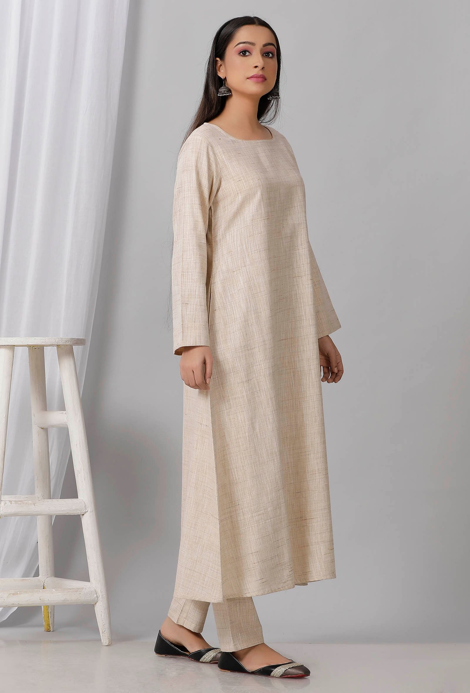 Beige Round Neck Cotton Khadi A Line Kurta
