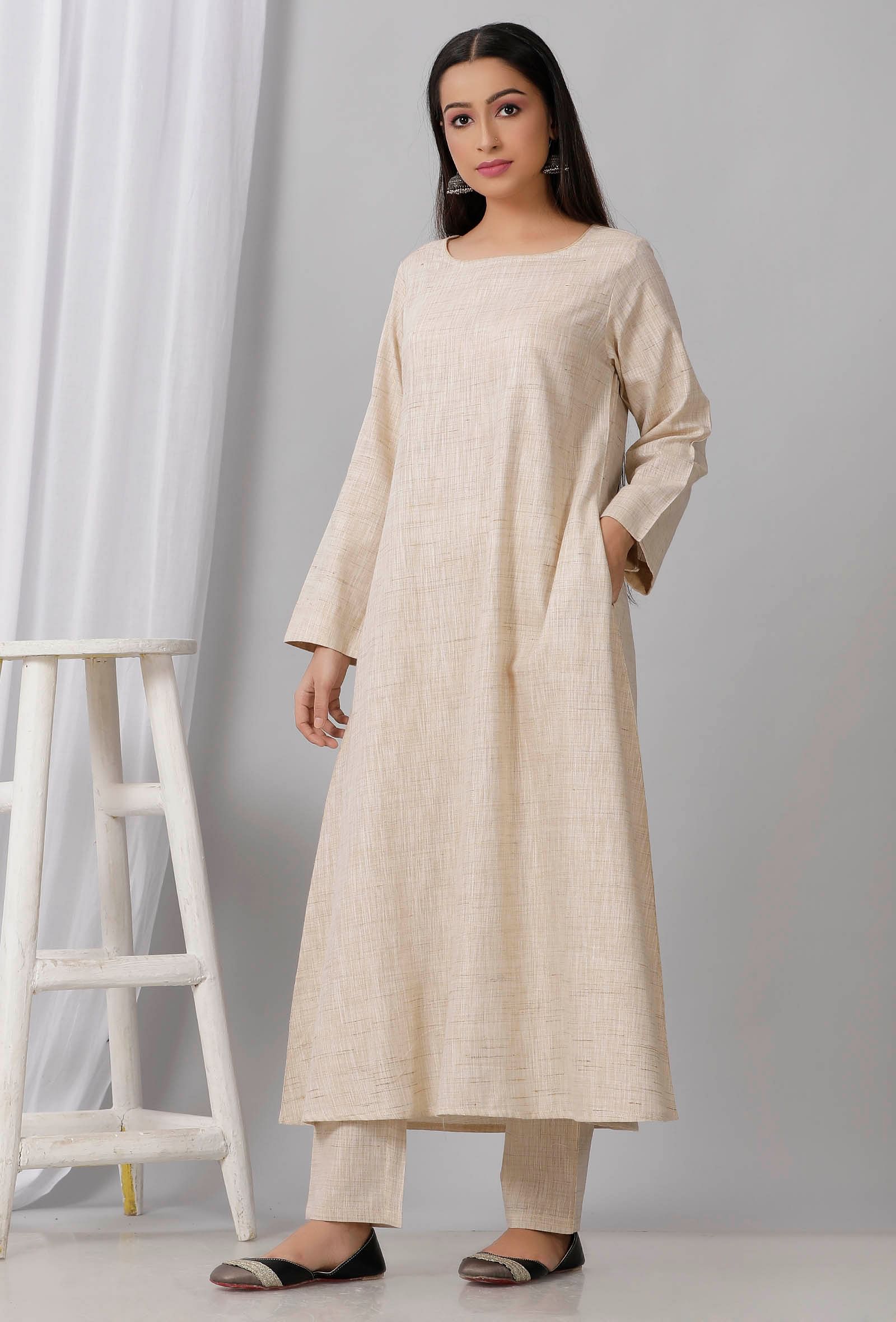 Beige Round Neck Cotton Khadi A Line Kurta