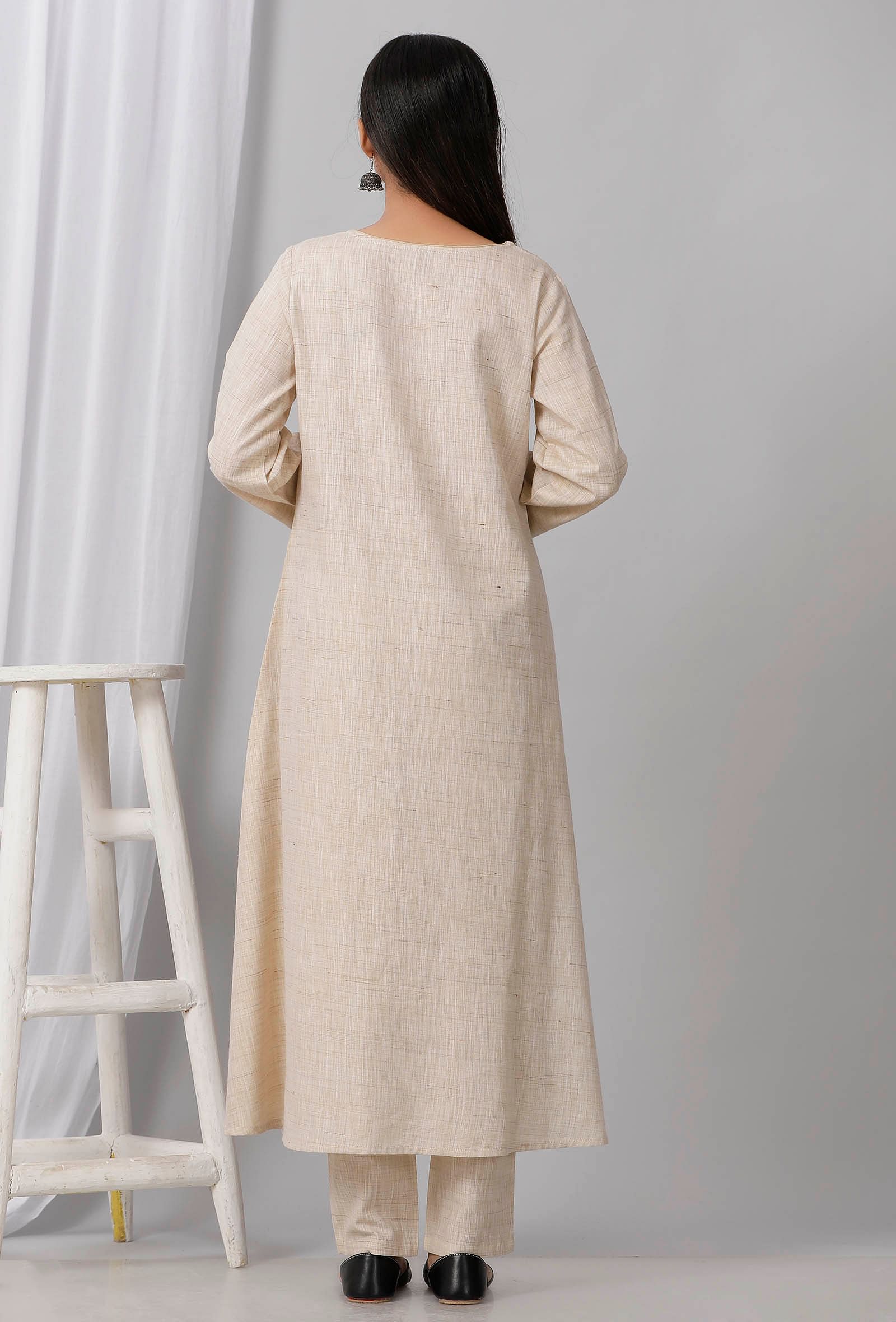 Beige Round Neck Cotton Khadi A Line Kurta