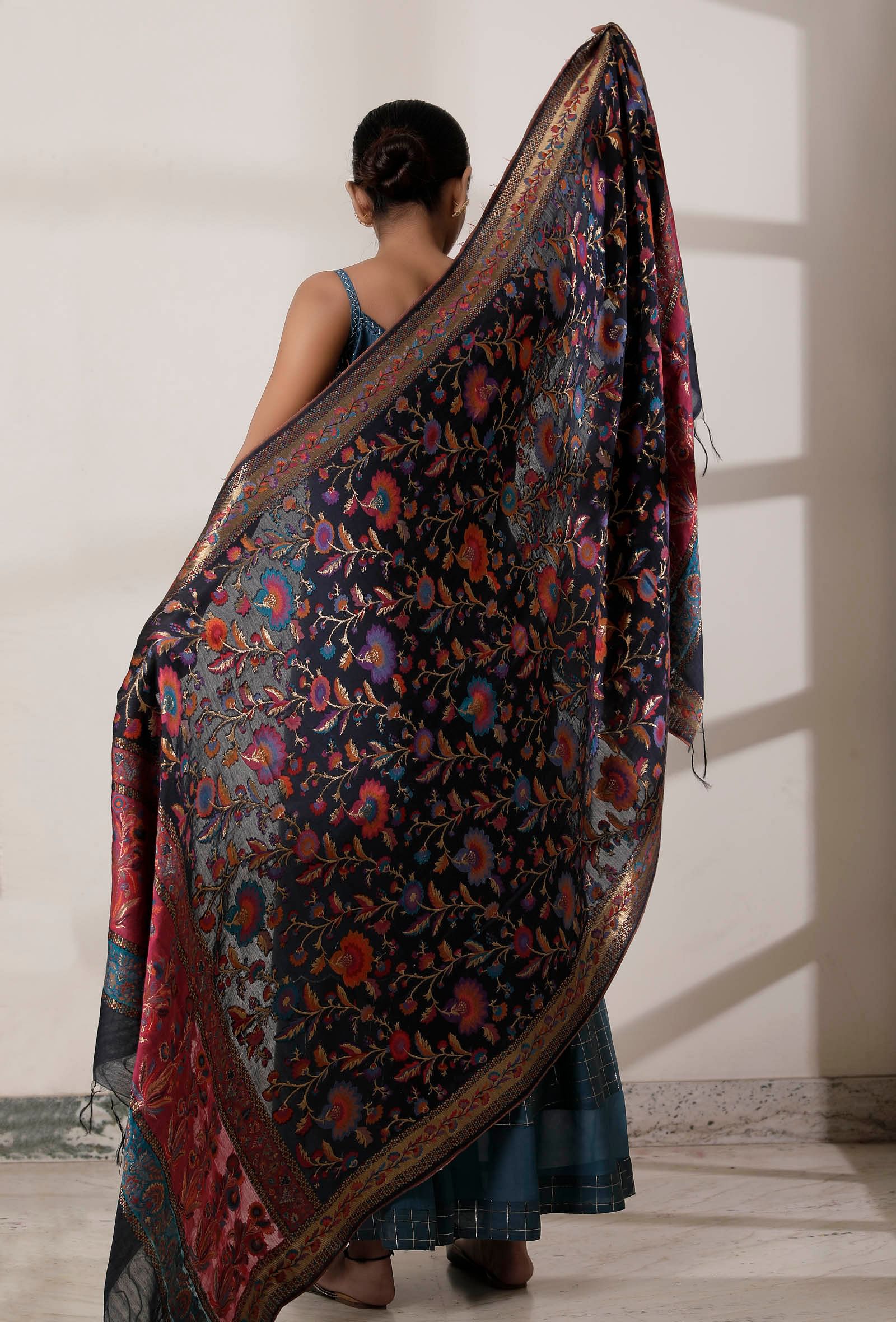 Set of 3: Teal Blue Slip Kurta, Palazzo and Dark Blue Kani Dupatta