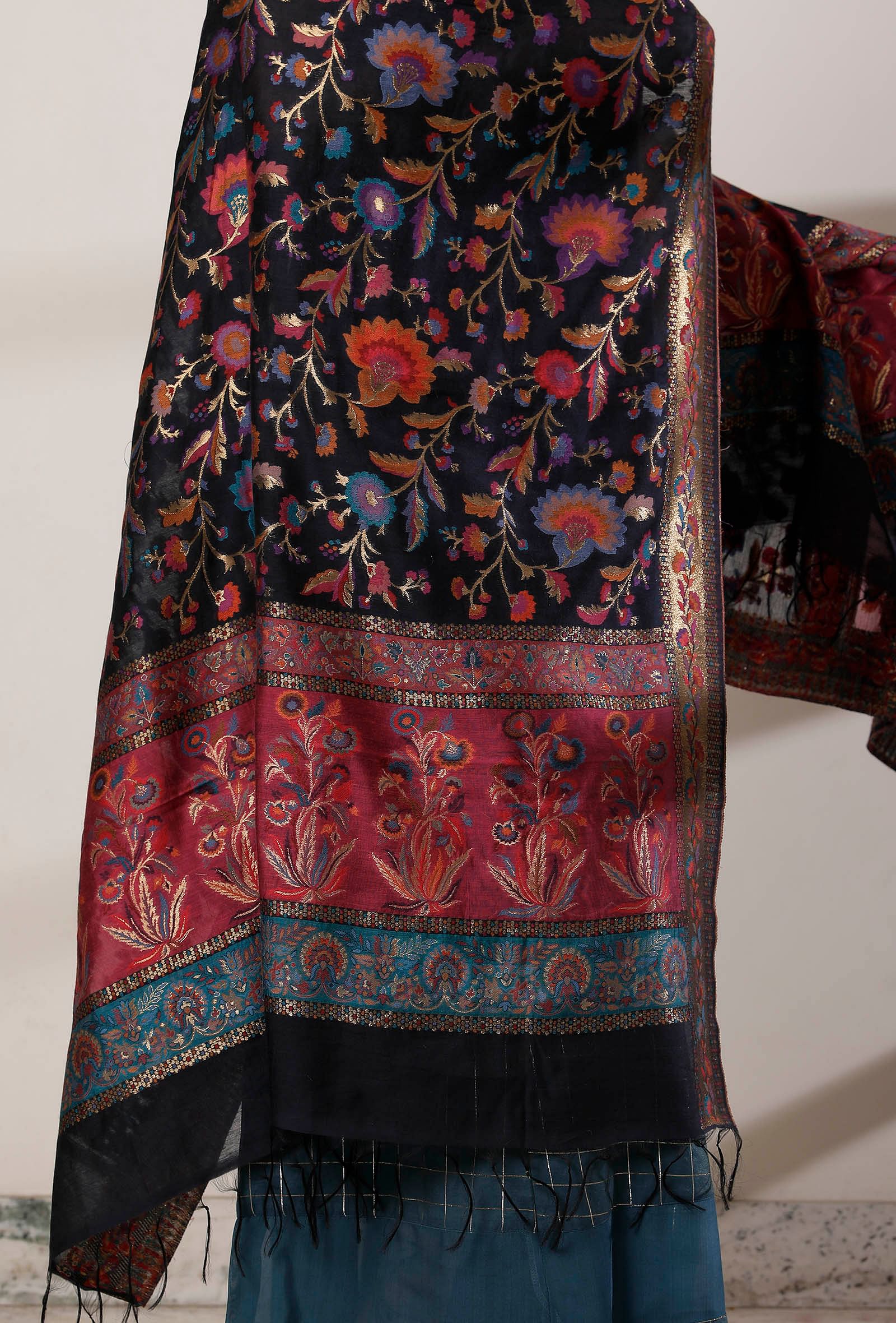 Set of 3: Teal Blue Slip Kurta, Palazzo and Dark Blue Kani Dupatta