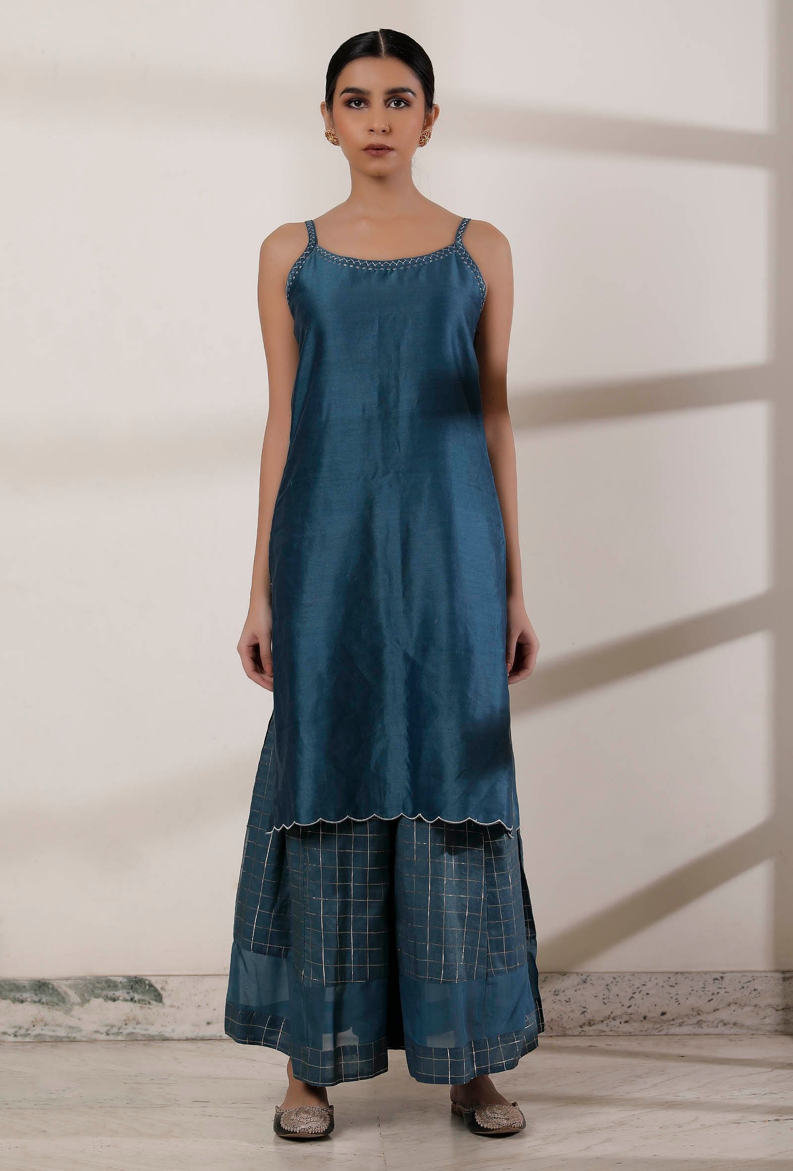 Set of 3: Teal Blue Slip Kurta, Palazzo and Dark Blue Kani Dupatta