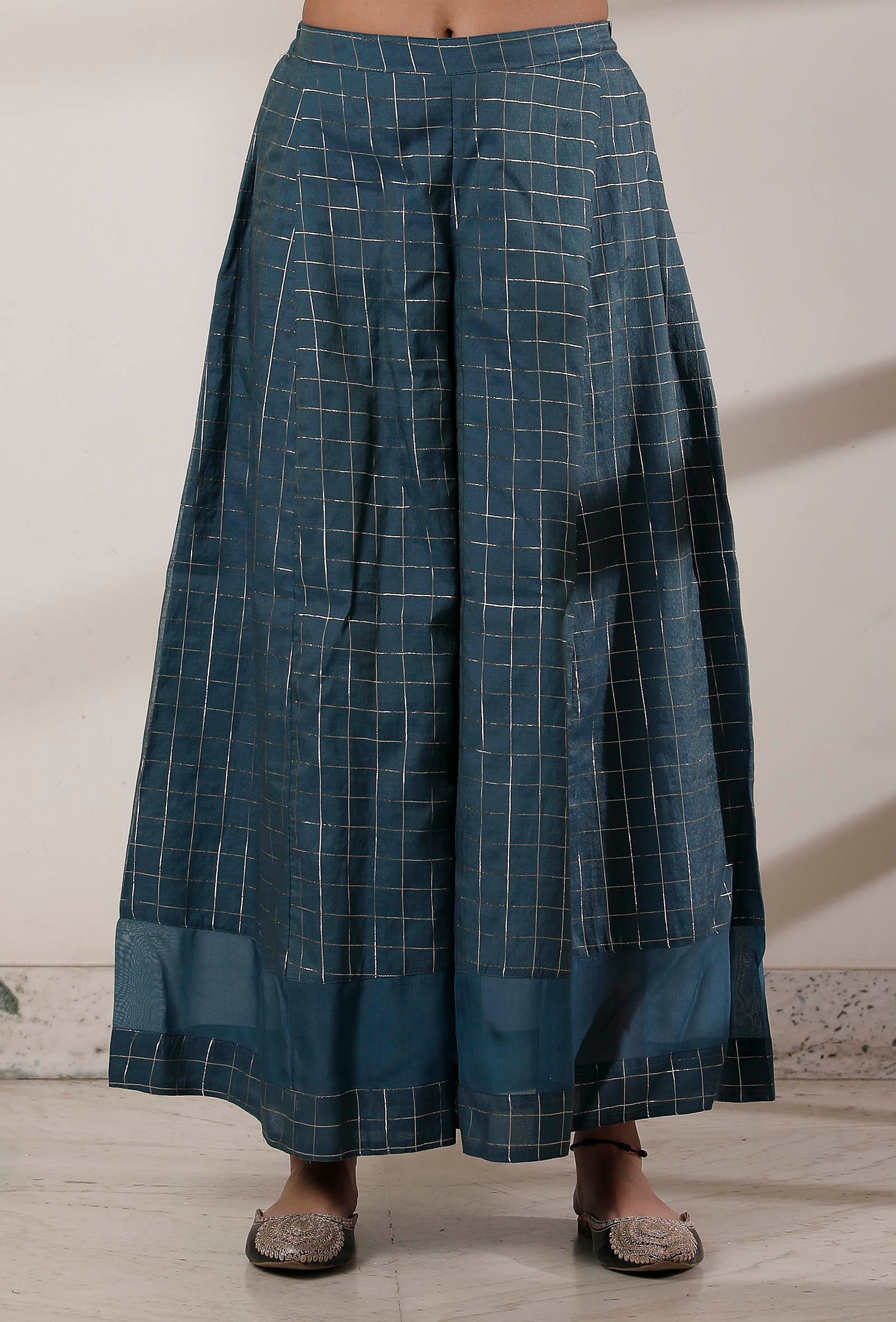 Set of 3: Teal Blue Slip Kurta, Palazzo and Dark Blue Kani Dupatta