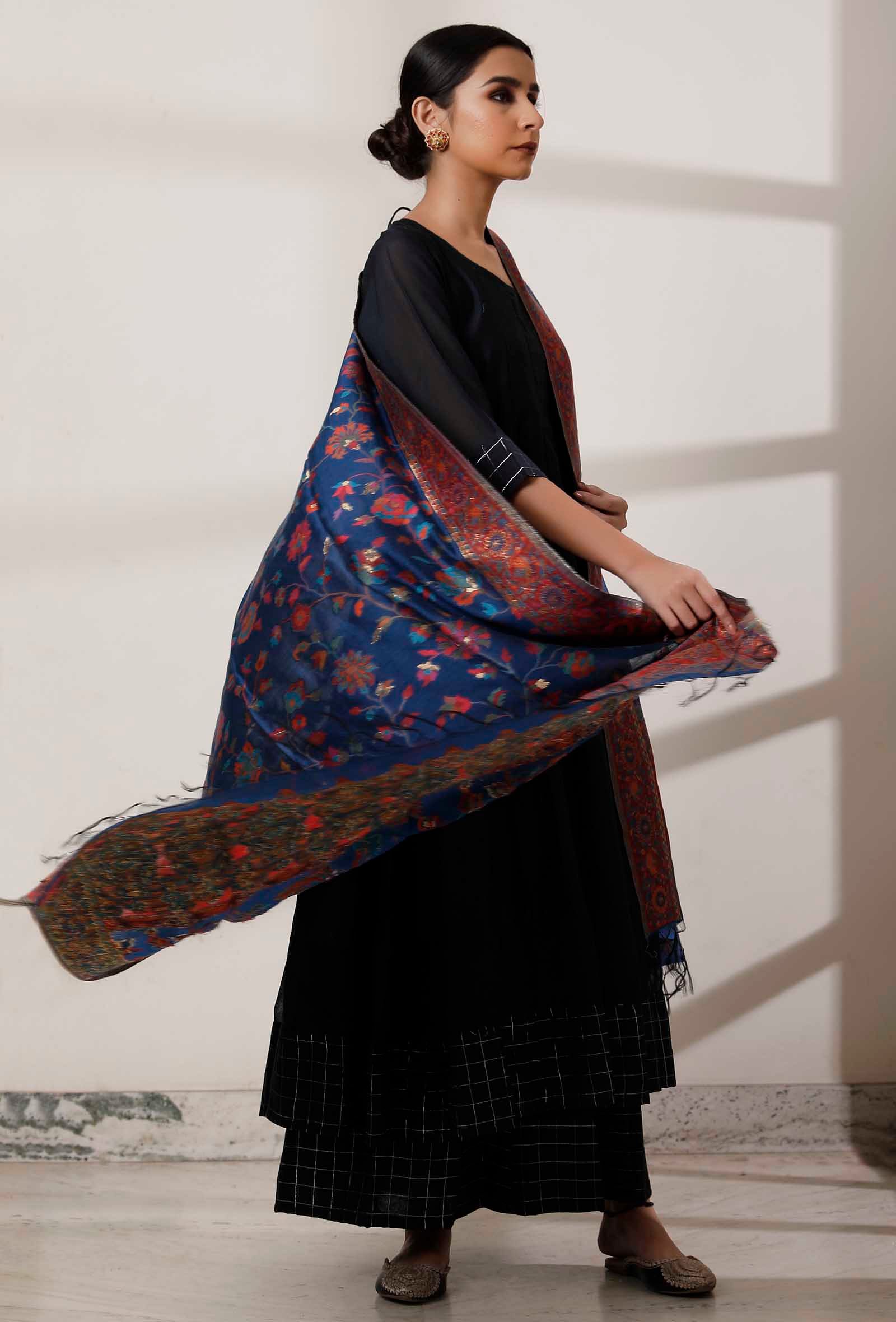 Set of 3: Black Kalidar Kurta with Palazzo with Blue Kani Dupatta