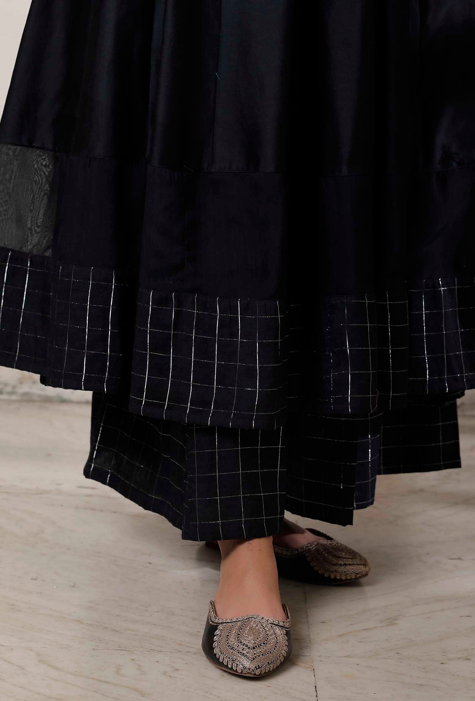 Set of 3: Black Kalidar Kurta with Palazzo with Blue Kani Dupatta