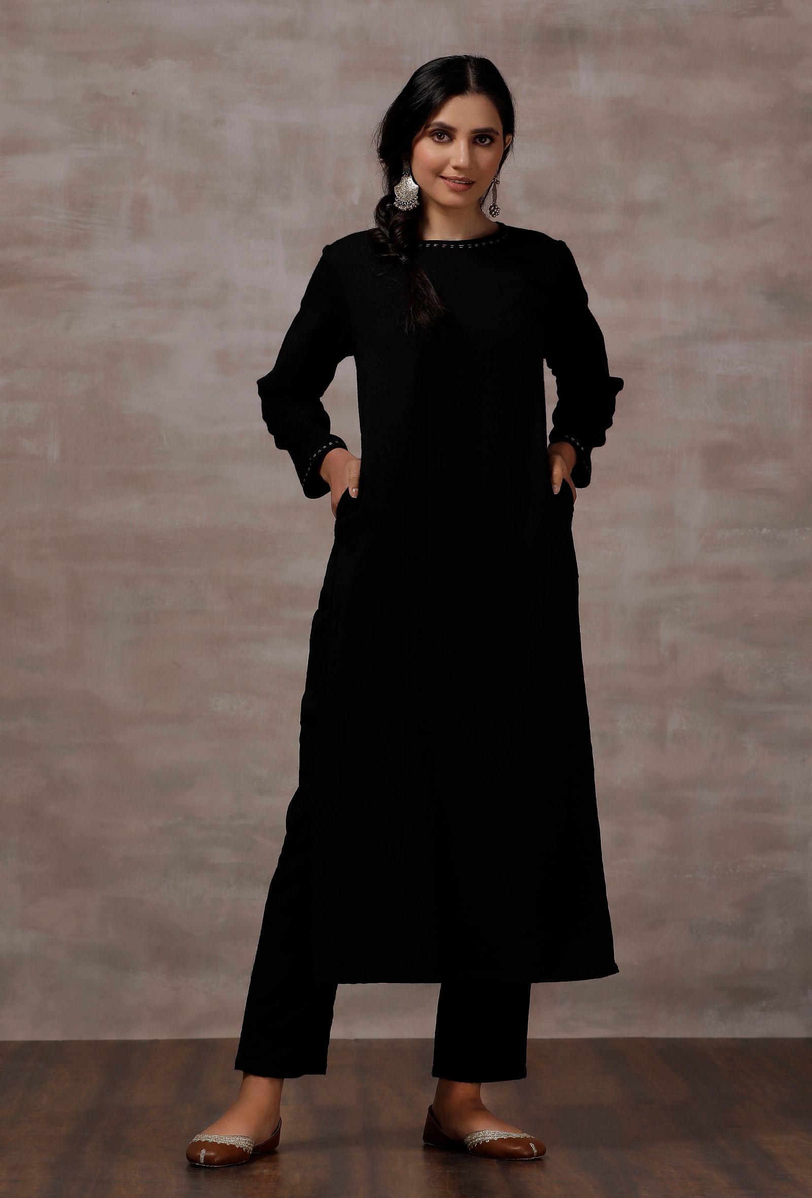 Set of 2 : Black Straight Cashmilon Kurta with Black Cashmilon Pants