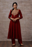 Set of 2: Lata Maroon Woollen A-Line Kurta With Wool Pants