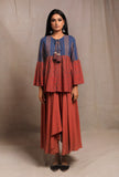 Brick-Cobalt Front Open Printed Kedia