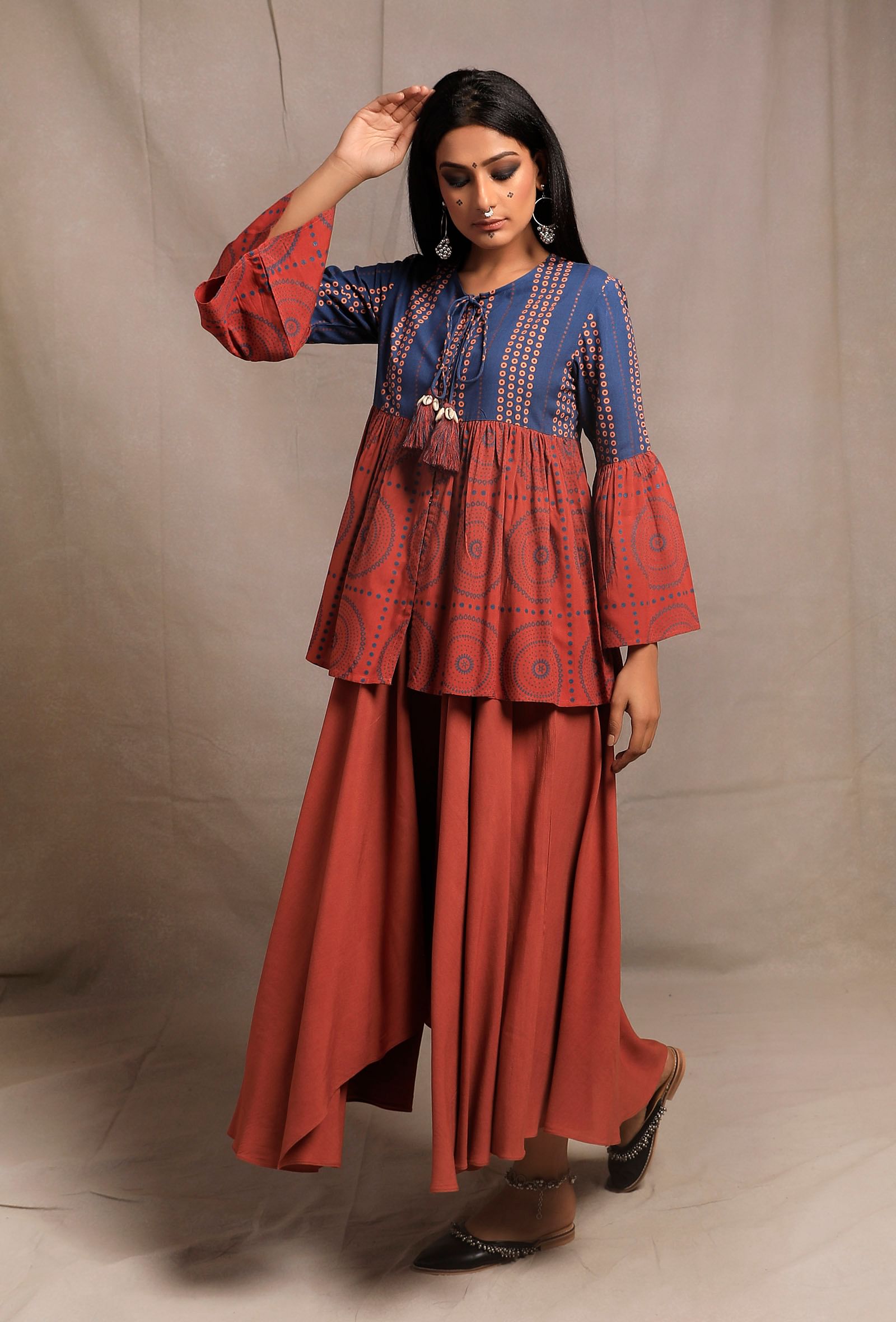 Brick-Cobalt Front Open Printed Kedia