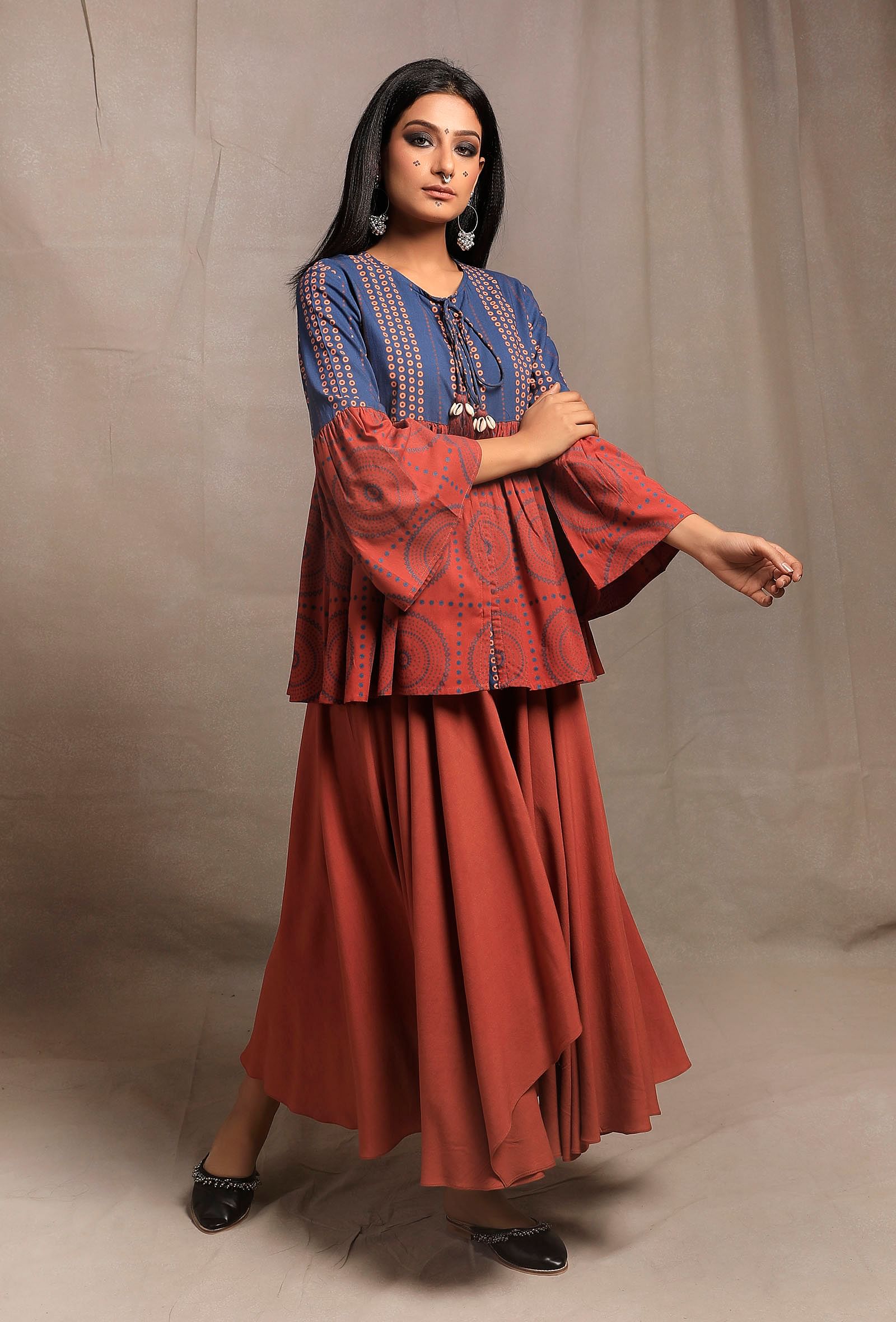 Brick-Cobalt Front Open Printed Kedia