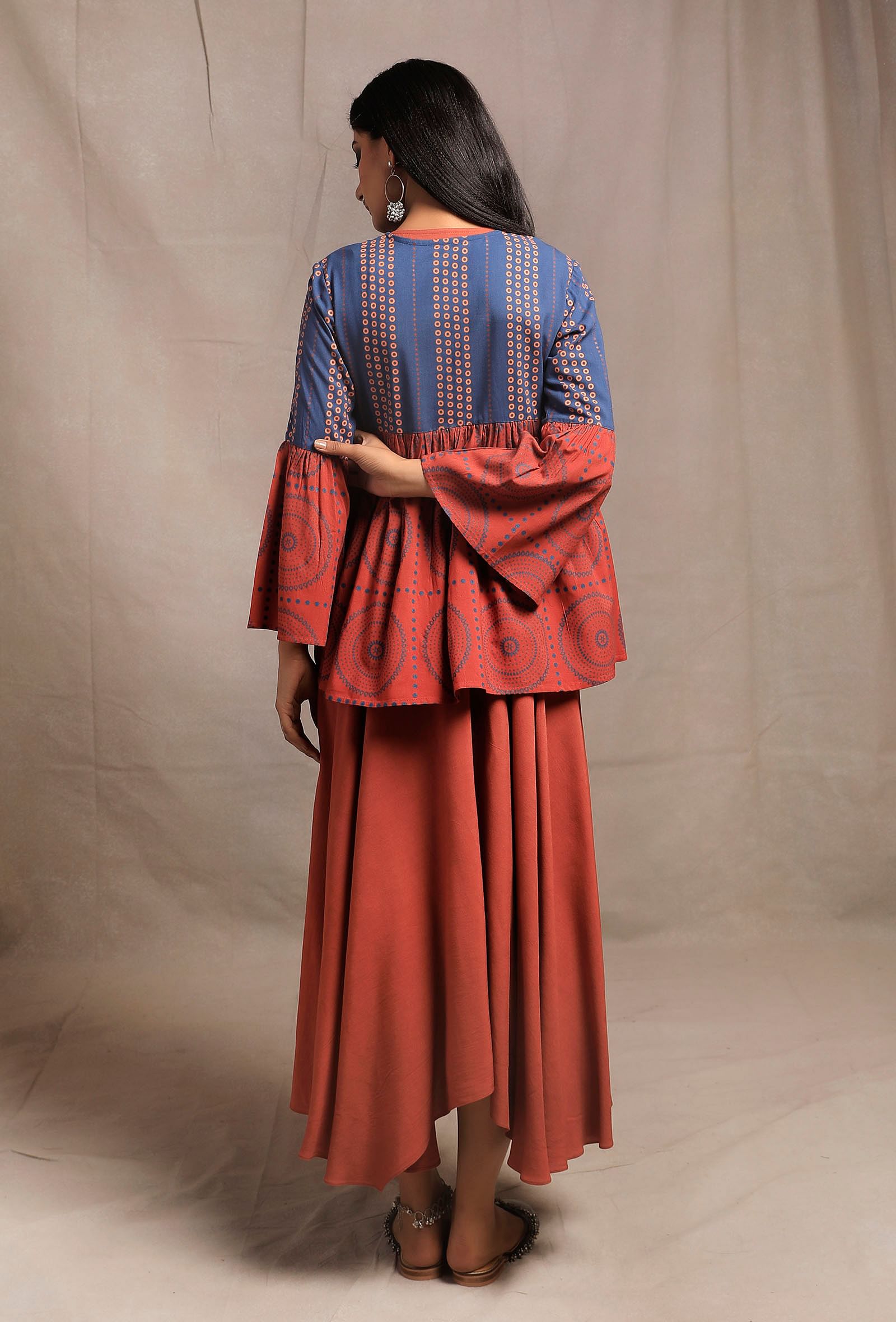 Brick-Cobalt Front Open Printed Kedia