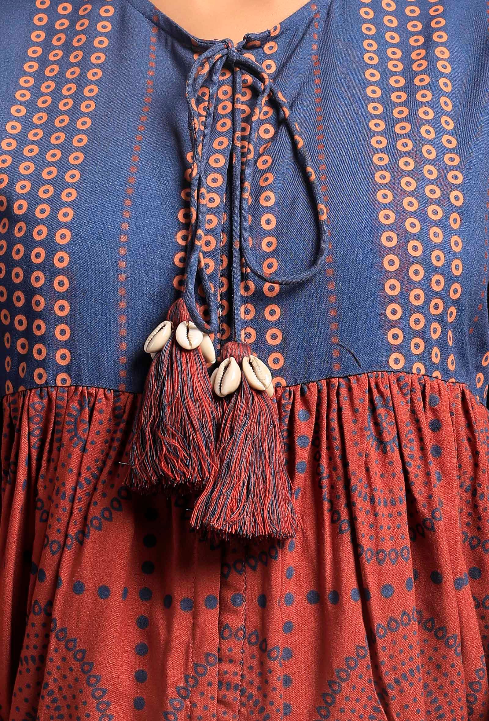 Brick-Cobalt Front Open Printed Kedia