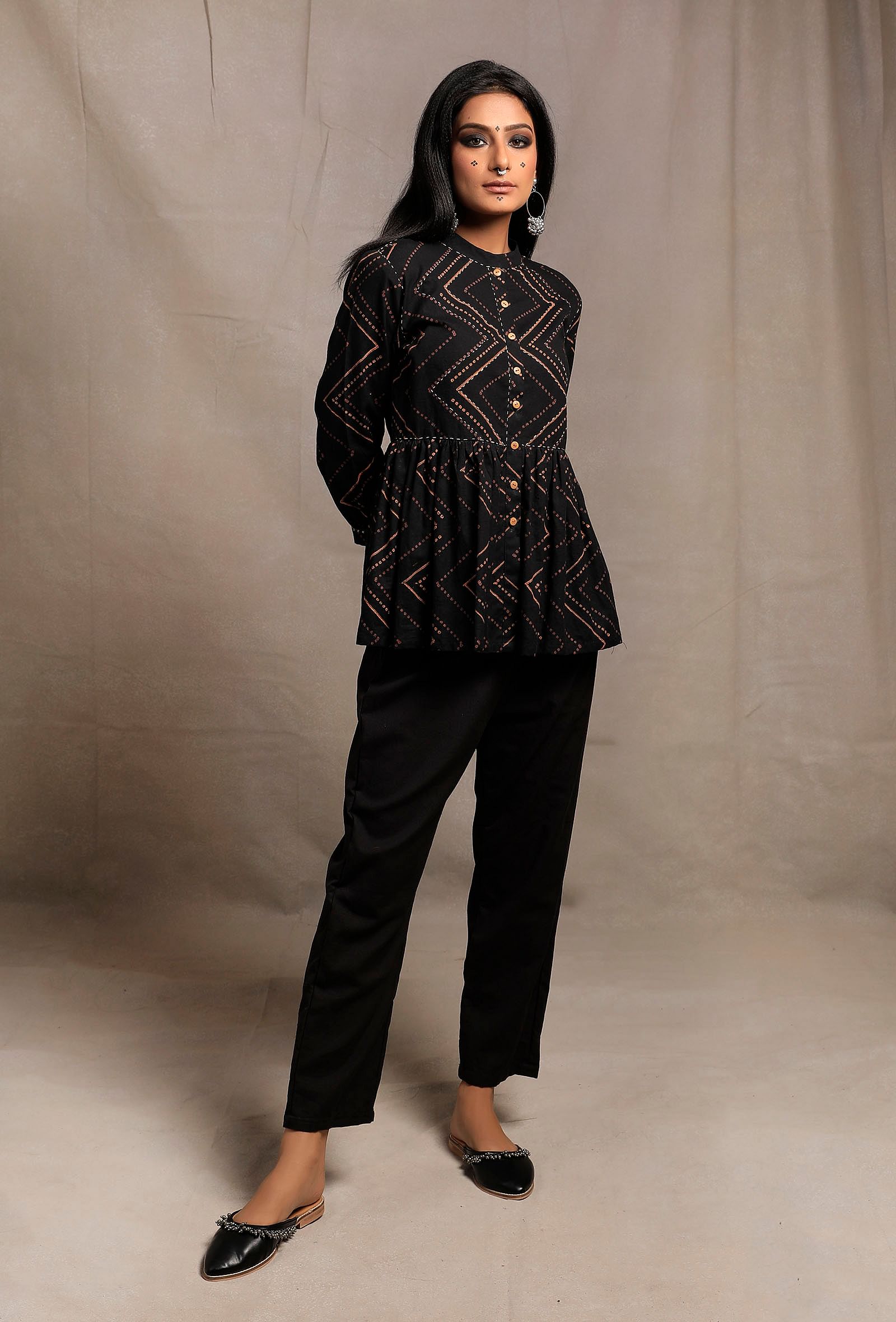 Black Hand Block Printed Gathered Buttoned Shirt