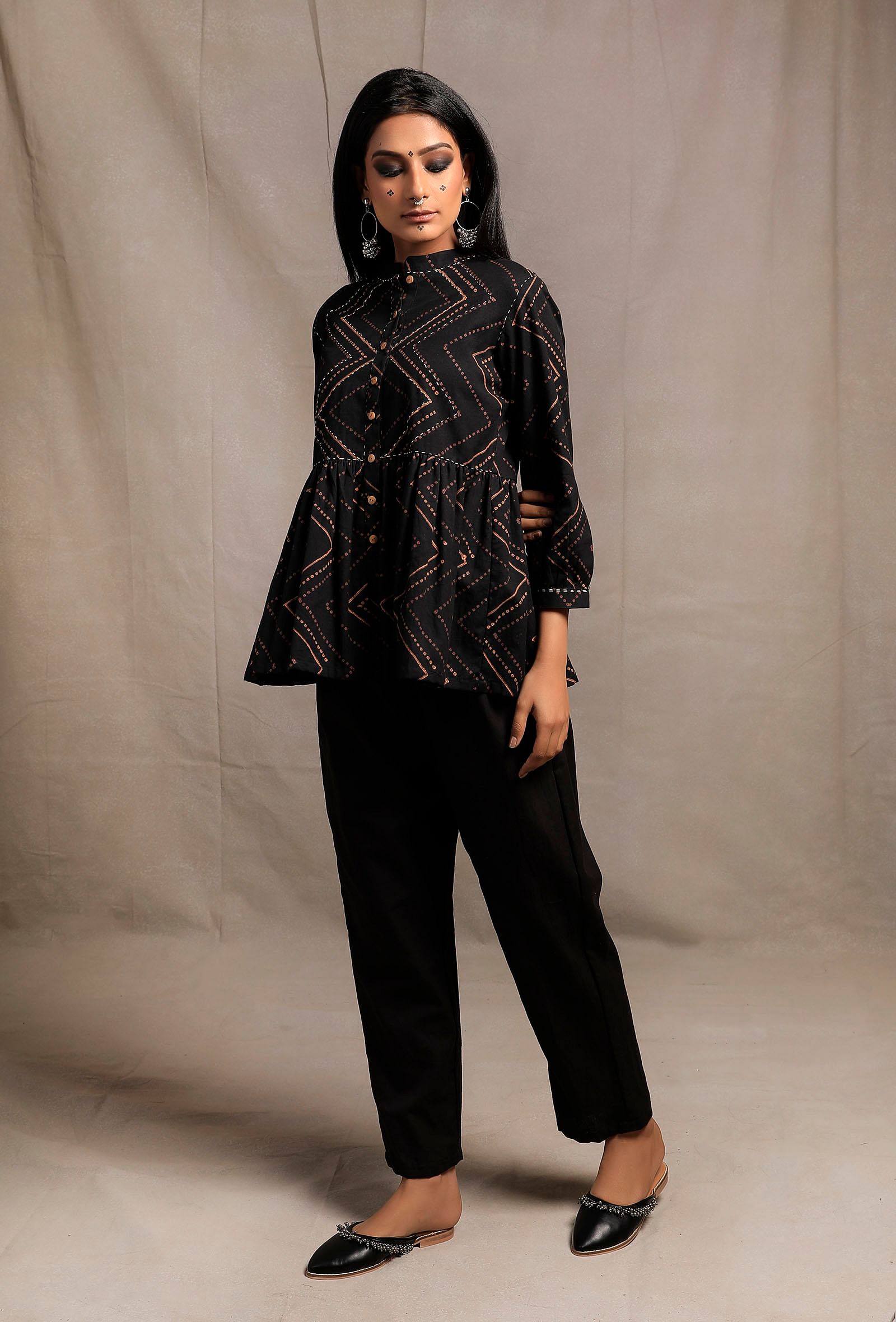 Black Hand Block Printed Gathered Buttoned Shirt