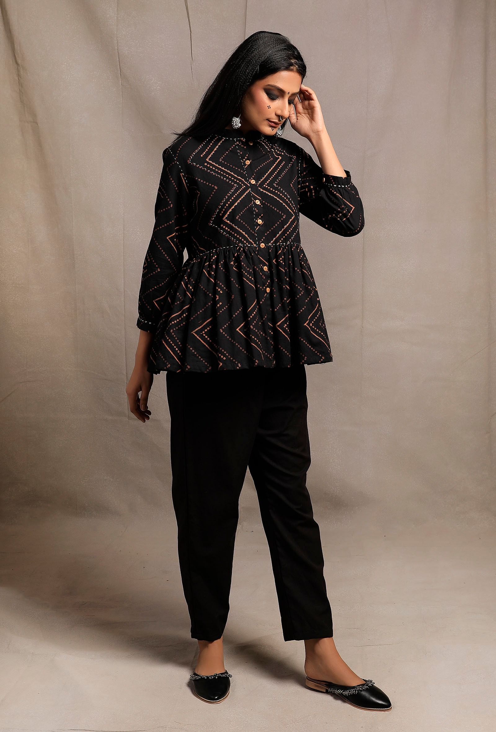 Black Hand Block Printed Gathered Buttoned Shirt