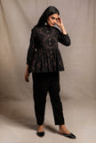 Black Hand Block Printed Gathered Buttoned Shirt