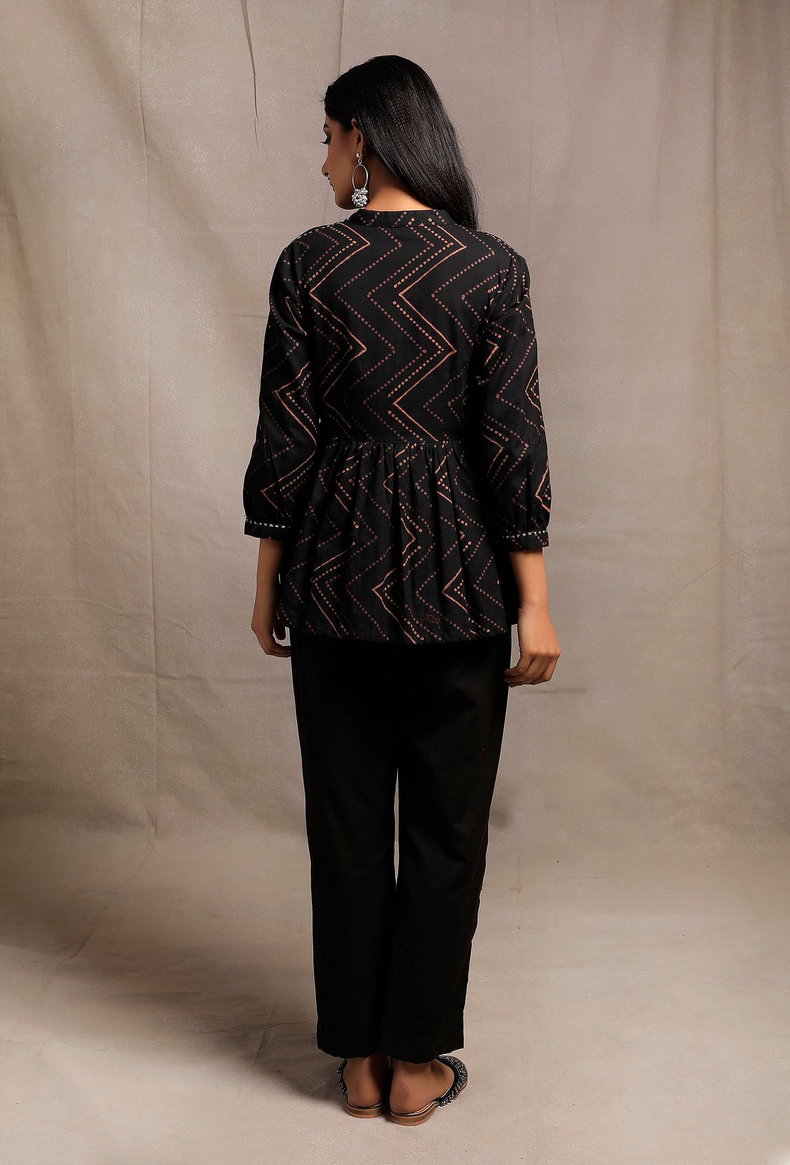 Black Hand Block Printed Gathered Buttoned Shirt