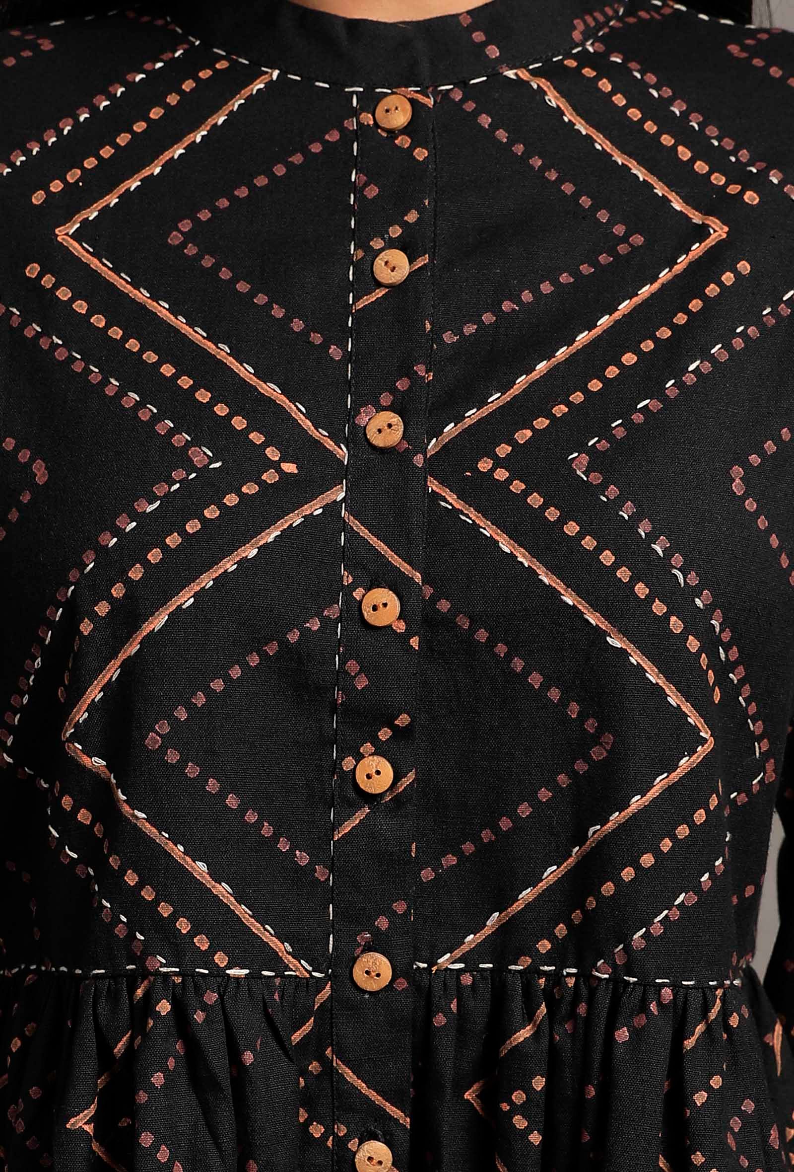 Black Hand Block Printed Gathered Buttoned Shirt