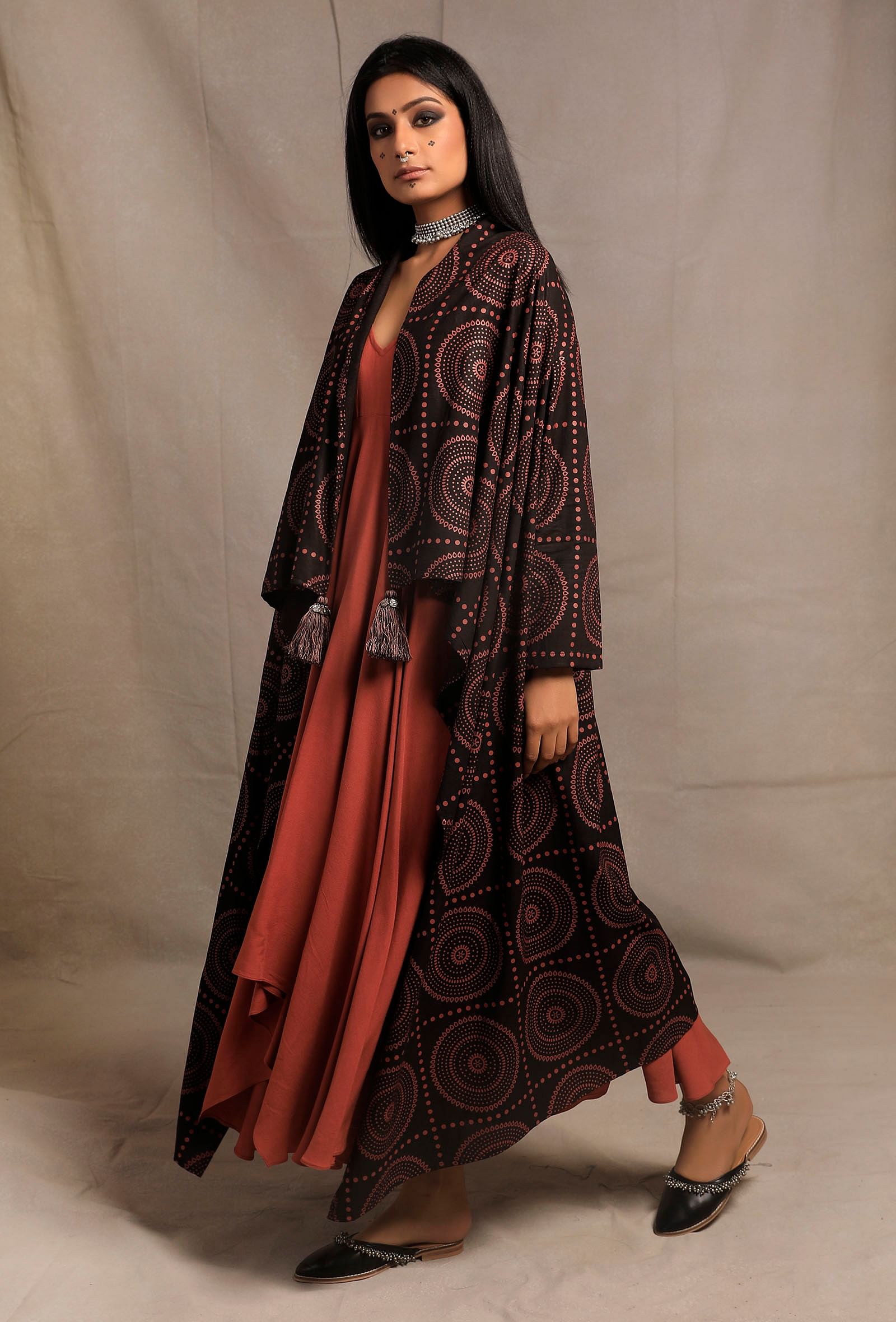 Black Front Open Asymmetrical Printed Shrug