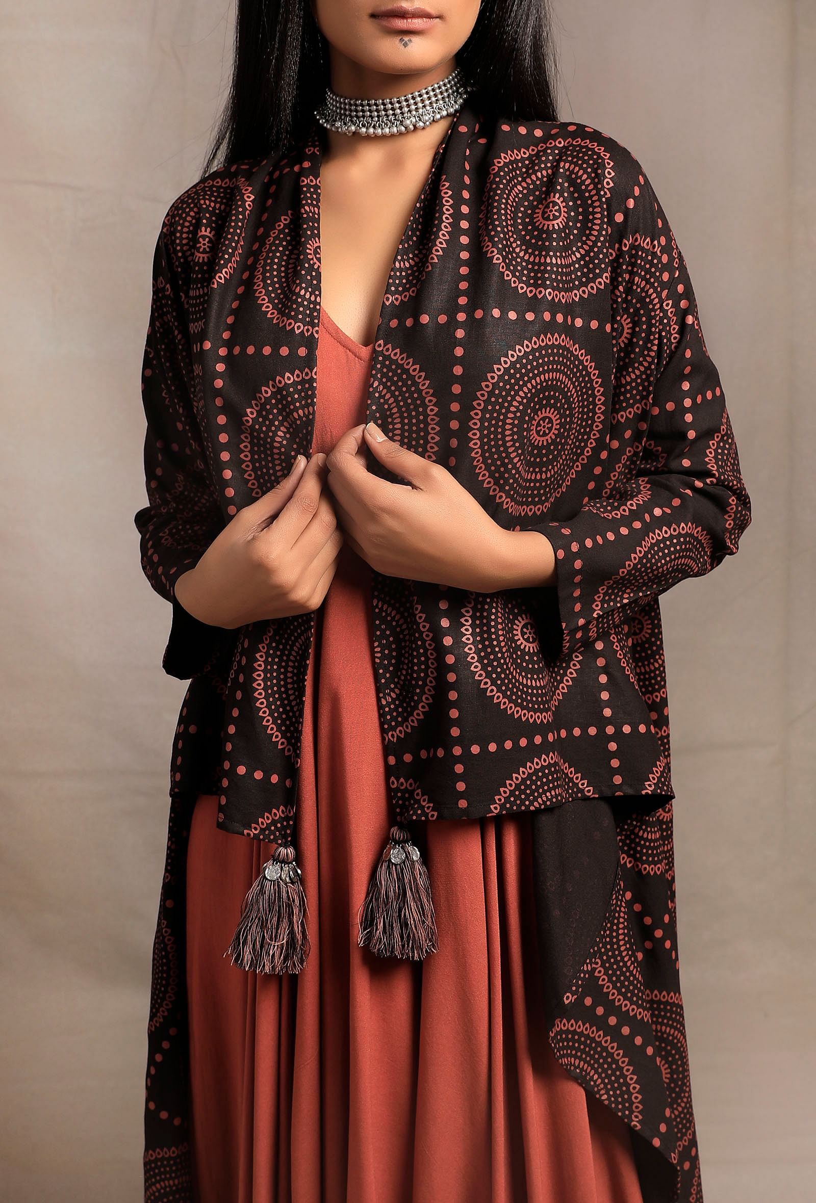 Black Front Open Asymmetrical Printed Shrug