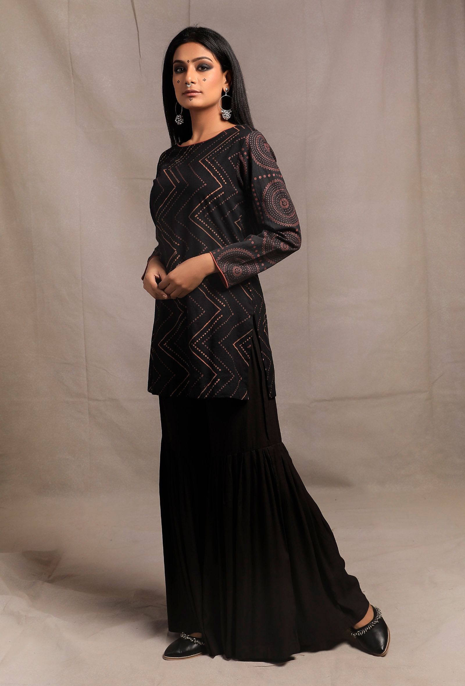 Black Hand Block Printed Straight Short Kurta
