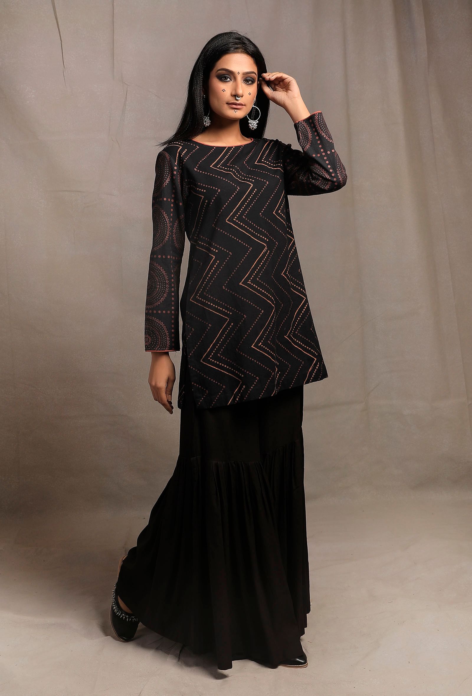 Black Hand Block Printed Straight Short Kurta