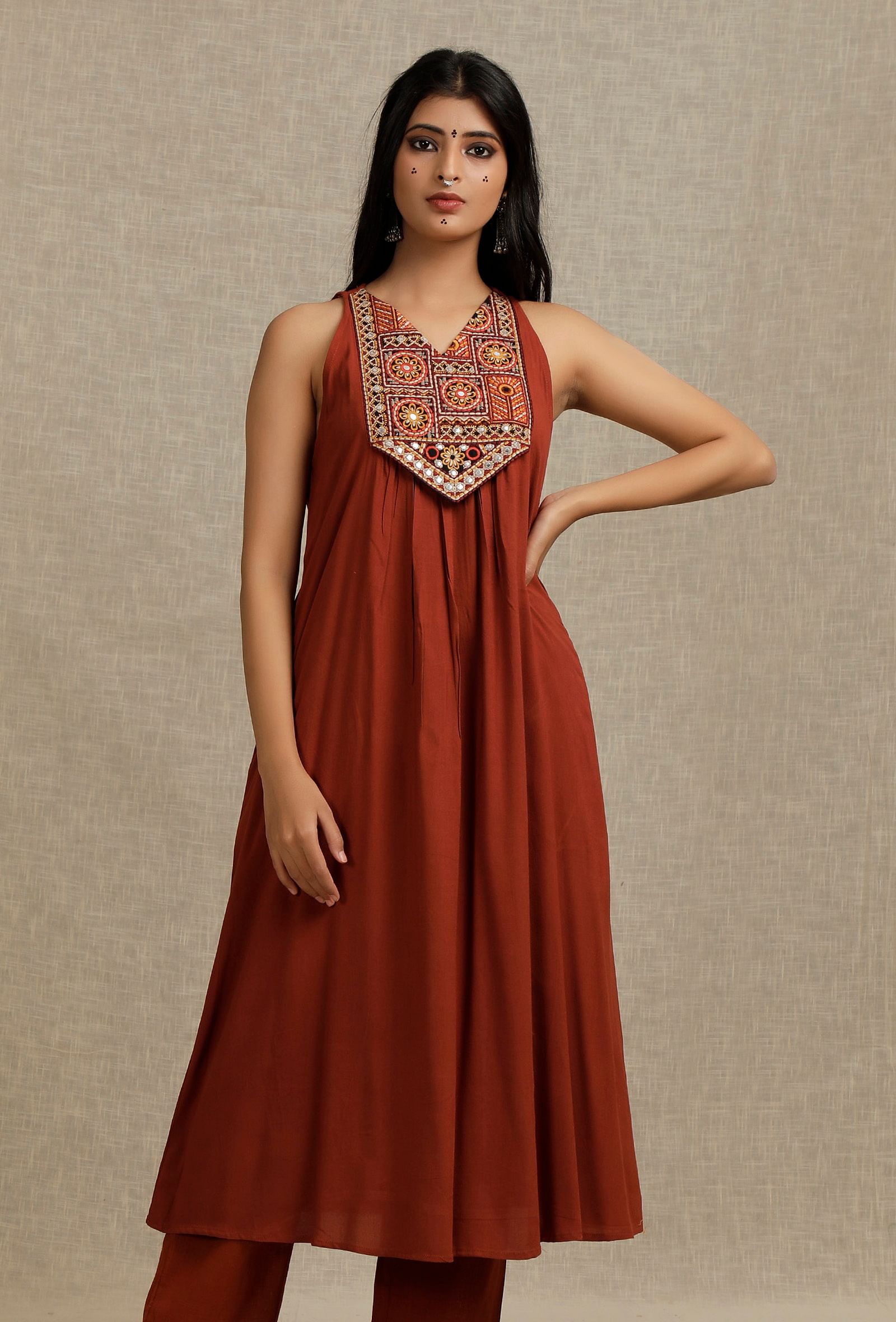 Solid Rust Rayon V neck front gather Kurta with Yoke Embroidery