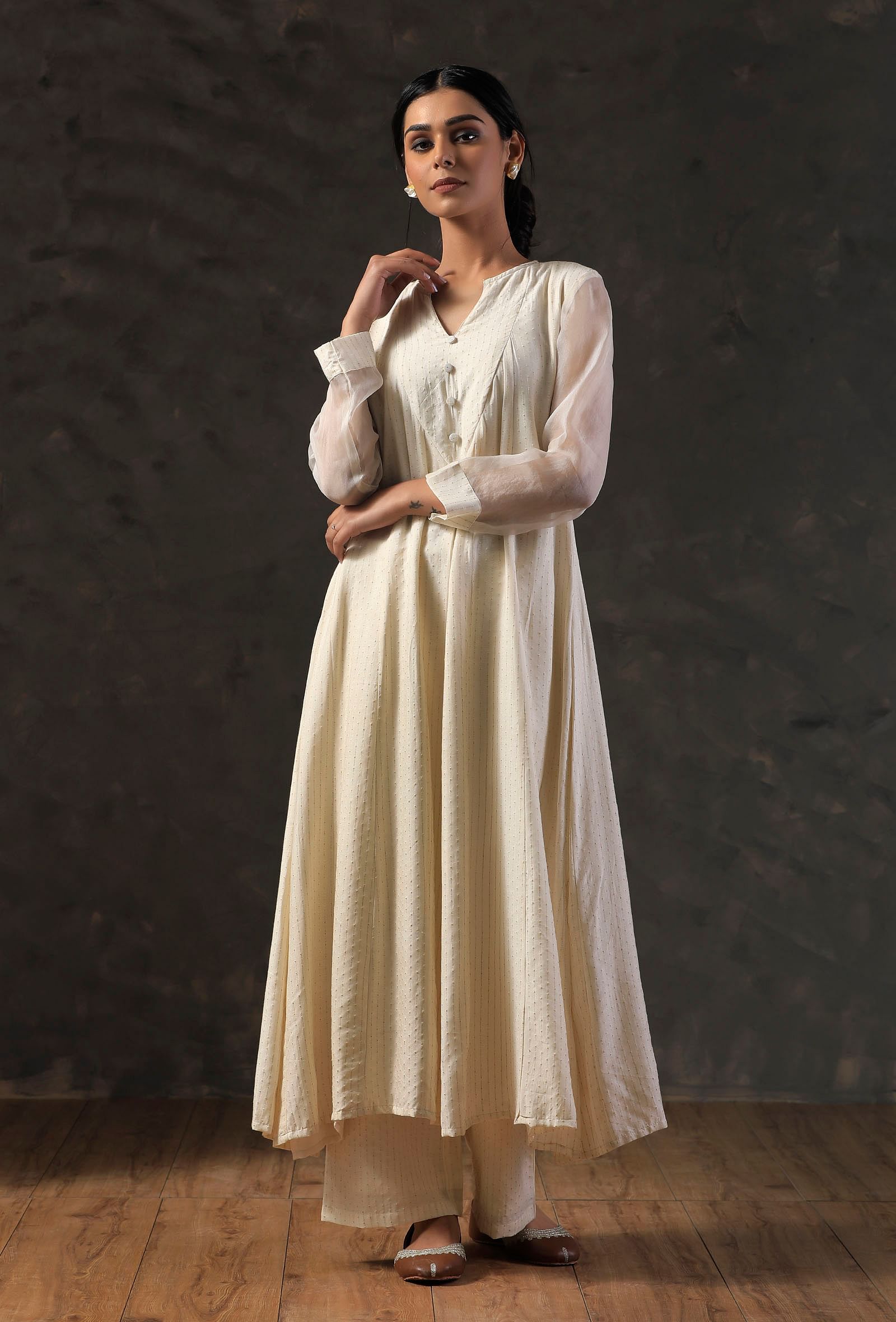 Beige Organza Sleeve Anarkali Kurta