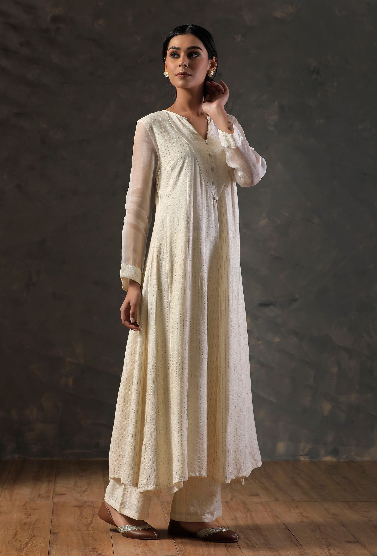 Beige Organza Sleeve Anarkali Kurta