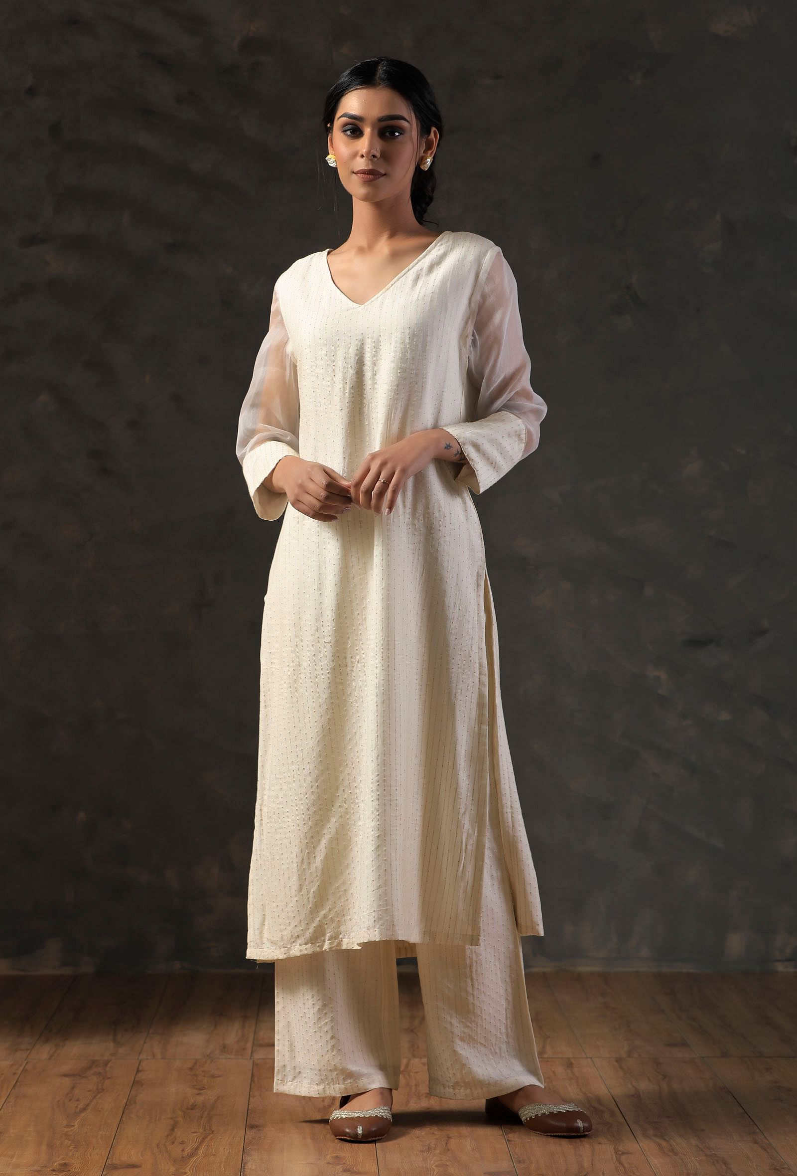 Beige Organza V-neck Kurta