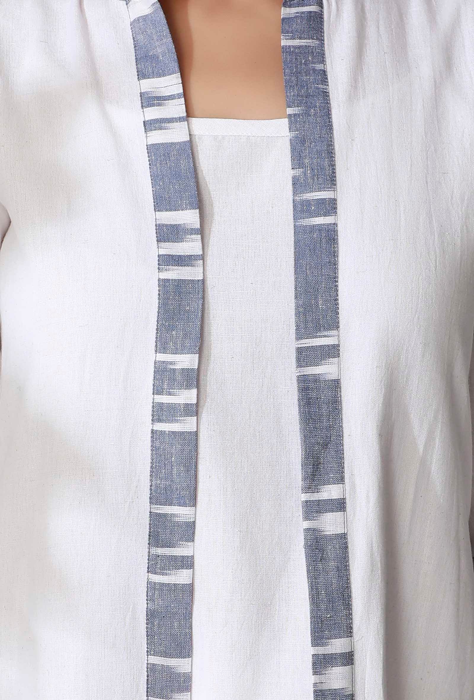 White And Blue Ikkat Gathered Front Open Overlay