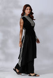 Black Asymmetrical Tie-Up Kurta With Ikkat Yoke In Front And Back Side Panels