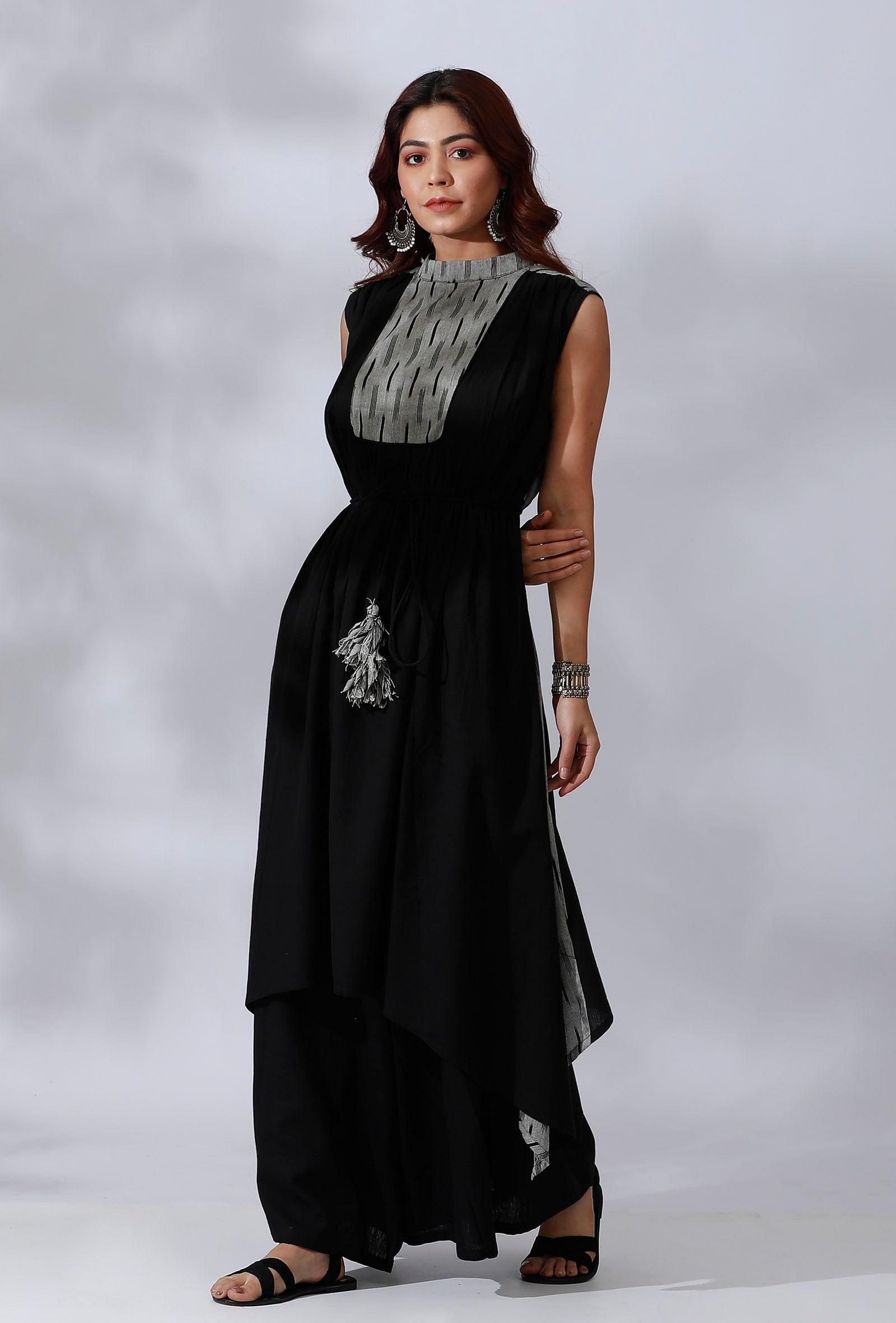 Black Asymmetrical Tie-Up Kurta With Ikkat Yoke In Front And Back Side Panels