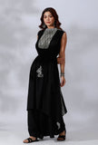 Black Asymmetrical Tie-Up Kurta With Ikkat Yoke In Front And Back Side Panels