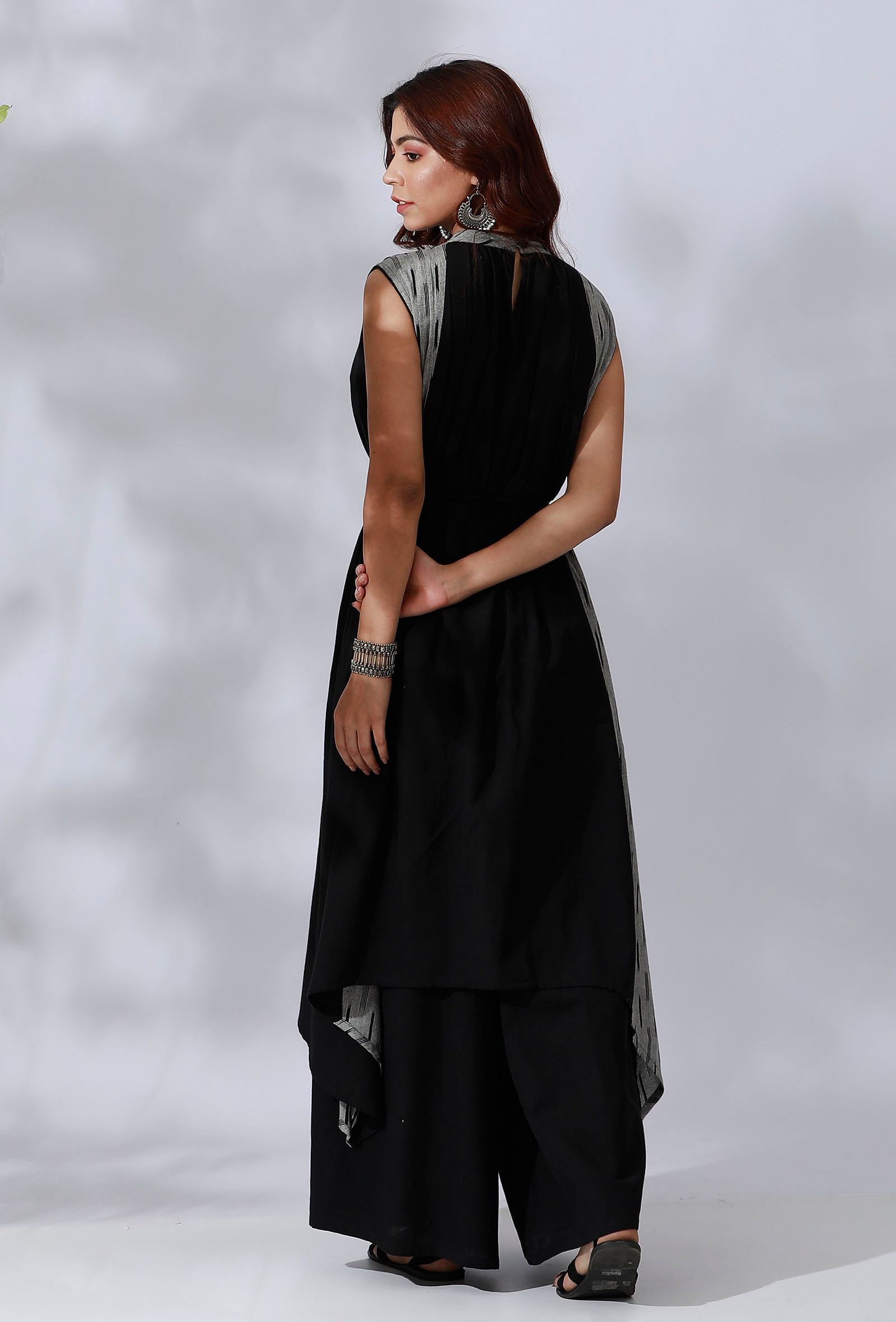 Black Asymmetrical Tie-Up Kurta With Ikkat Yoke In Front And Back Side Panels