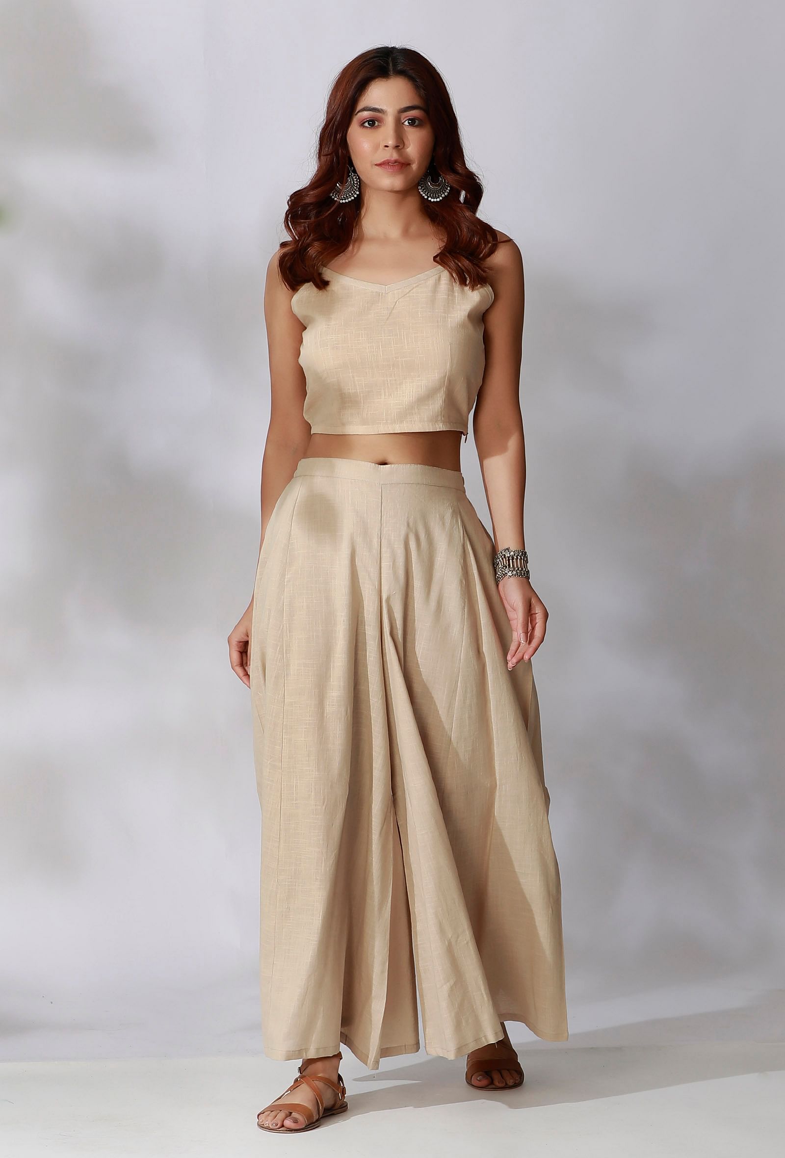Set Of 2- Beige Cotton Slub Crop Top with Beige Cotton Slub Flared Pants