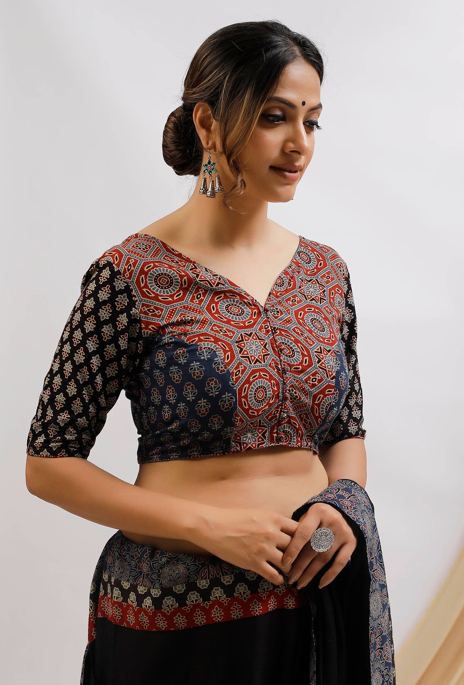 Red and Blue Ajrak Print Front Open Blouse
