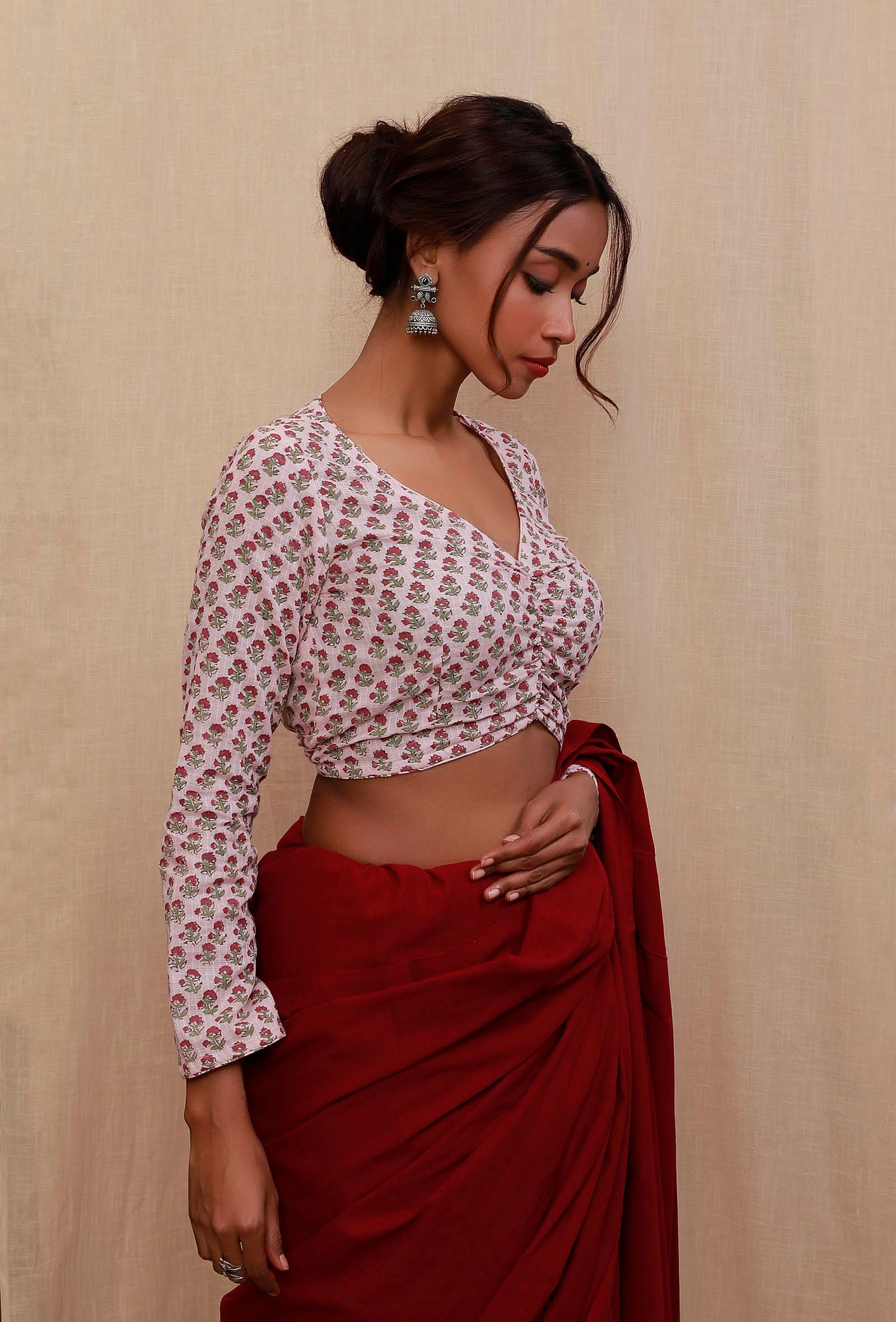 Baby Pink Block Printed Full Sleeves Blouse