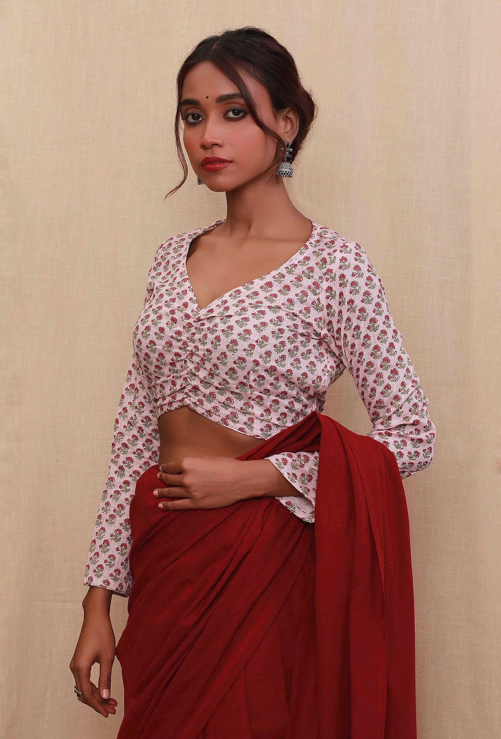 Baby Pink Block Printed Full Sleeves Blouse