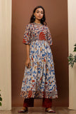 Beige & White Kalamkari Flared Cotton Kurta