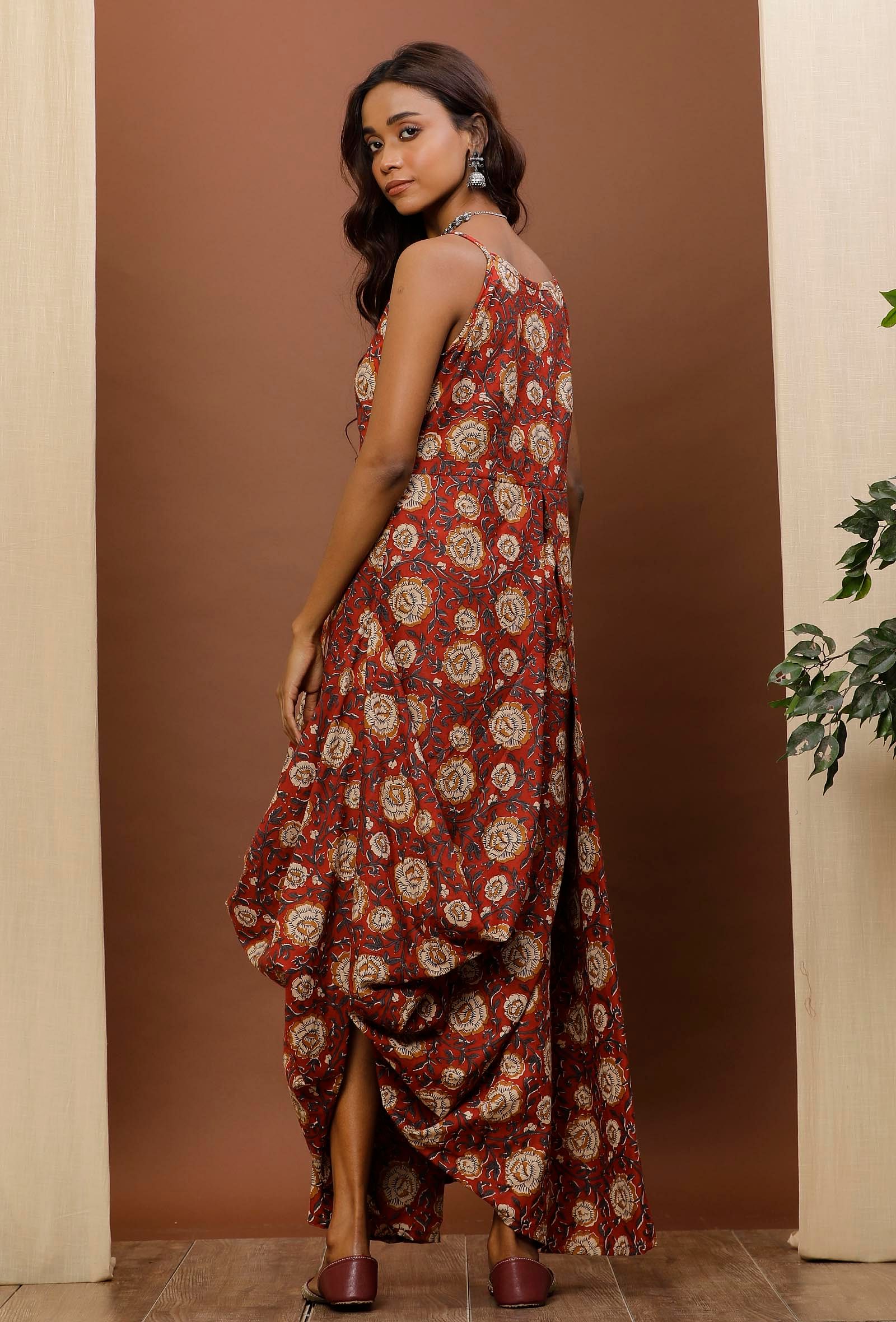 Rust Kalamkari Cowl Cotton Dress
