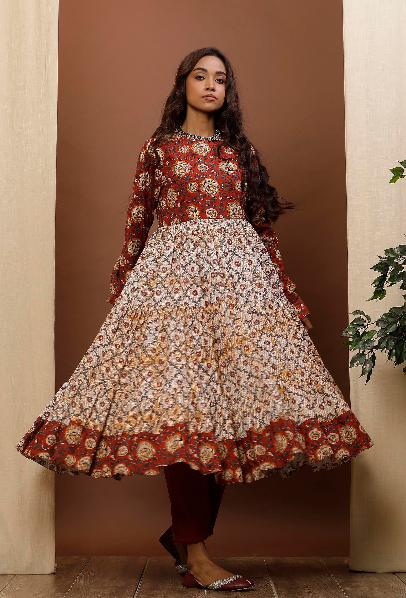 Rust Red & White Kalamkari Flared Cotton Kurta