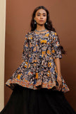 Black Kalamkari Flared Short Cotton Kurti