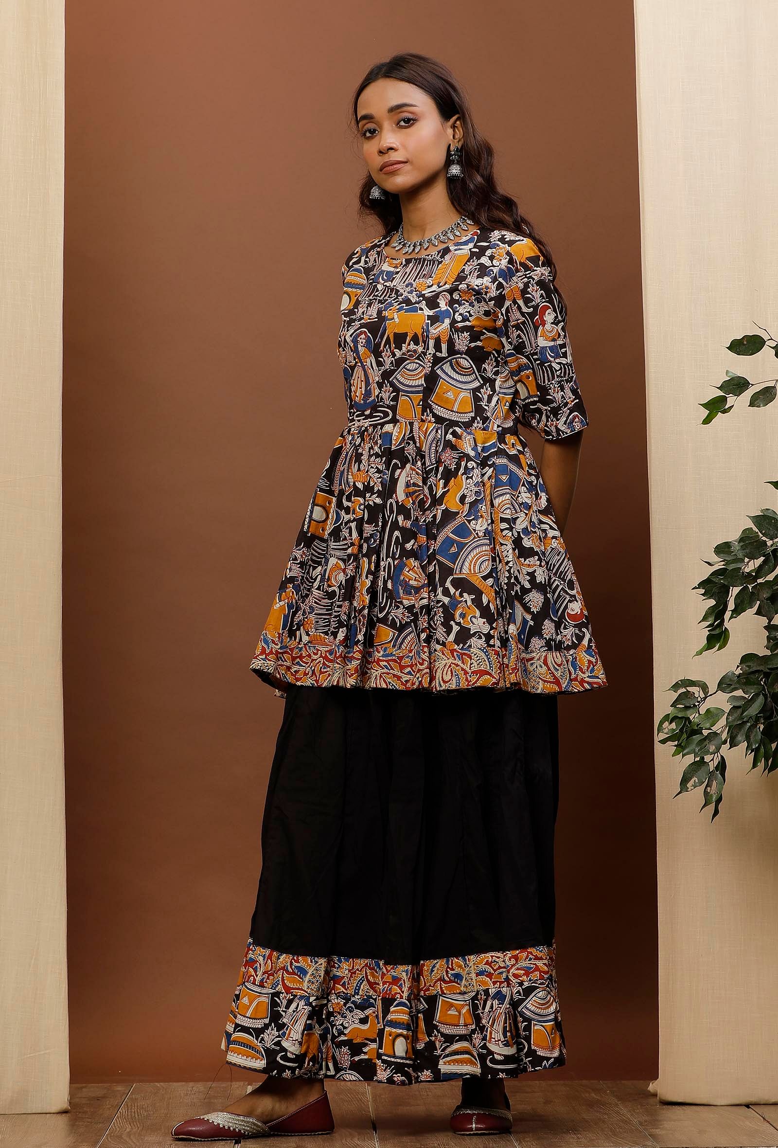 Black Kalamkari Flared Short Cotton Kurti